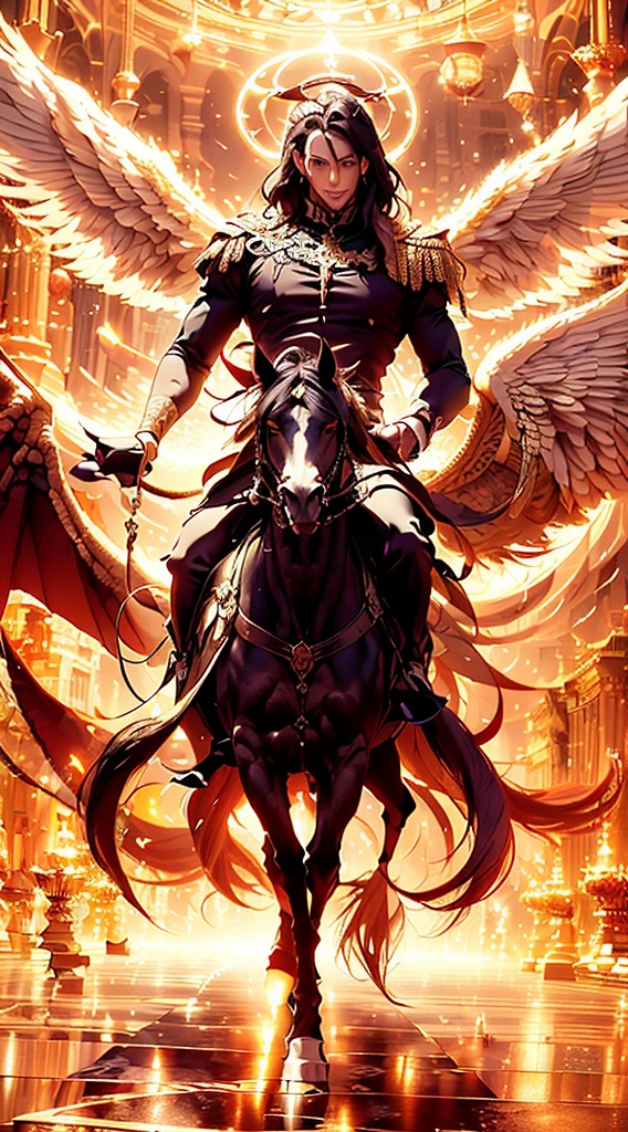 (master-piece:1.3),(bestquality:1.2),10,Absurd,Unity wallpaper 10,(Very detailed:1.3),highest, (1 man,handsome), ((Separate theme,gallop)), (long straight hair,long and handsome), Heterochromia, (White Hair,Black Hair), (angel,Demons), (White wings,black wings)