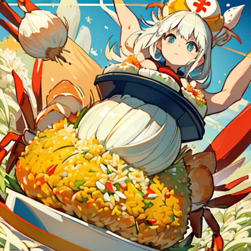 A mustard girl floats with a procession of oversized fresh spring roll balls.、Amazing dynamism、Amazing Angle、unstable buoyancy sandstorm、(((Many friendly oversized white onions floating and branching out)))、(((surround each other'extra large crab fried rice)))