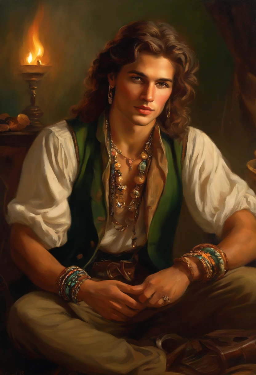 ((Baroque style painting of a young gypsy )) earrings and bracelets, handsome and strong young man, sexy and masculine, lascivious and naughty face, dressed in vest, shirt and pants in the style from the Victorian Era, blue eyes, long, silky, black hair falling over the shoulders, ((looking at camera)), ((playing the gypsy tambourine near a fire in a gypsy camp)). Baroque painting