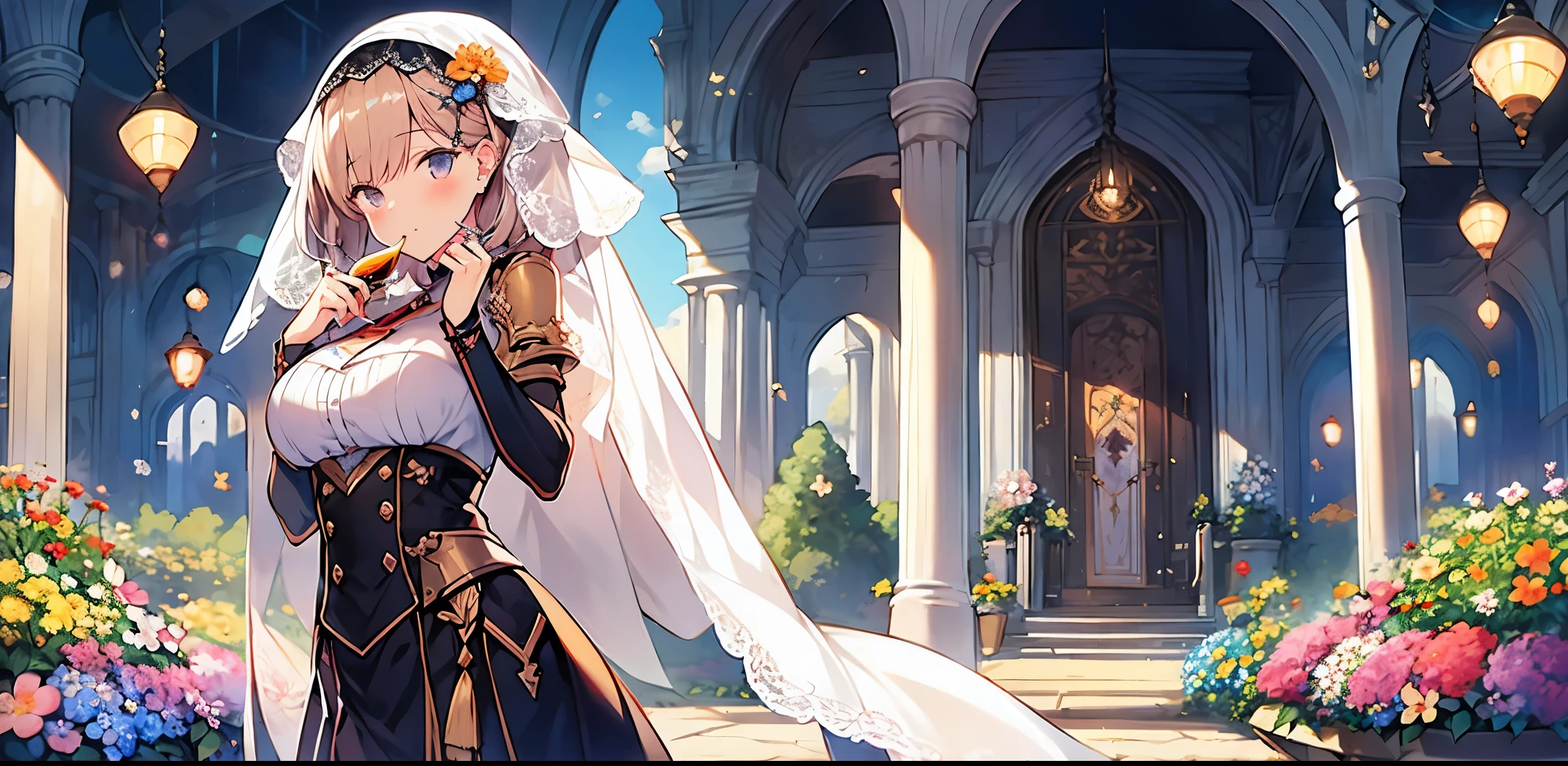 (((flower garden)))、anime girl with veil and glass of wine, from girls' frontline, highly detailed exquisite fanart, Fine details. girls' frontline, top rated on pixiv, pixiv 3dcg, at pixiv, cushart krenz key art feminine, scales covering her chest, pixiv, however、The armor covers her face, from the azur lane videogame、(sister)