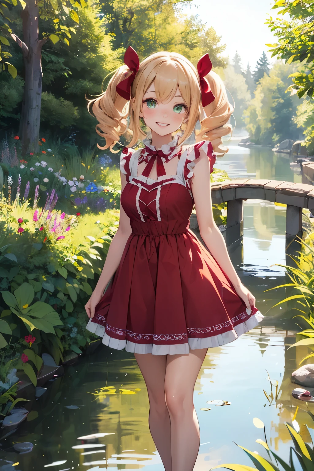 ((best quality)), ((masterpiece)), (detailed), perfect face, slim, woman,
blonde curly hair, girl with freckles, green eyes, pigtails with bows, ((red puffy dress)), bows, average_breasts, smiling, garden, High detailed, 1 girl, standing up, feet on river, bare feet