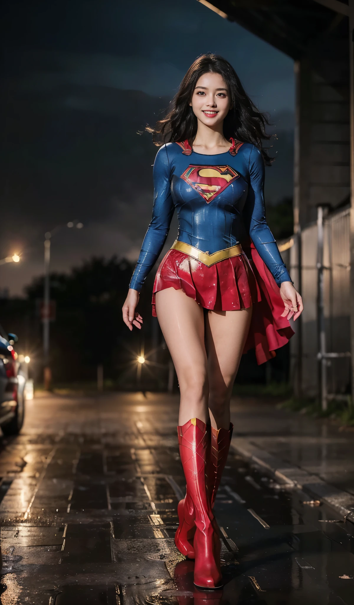 No background、Fitted Supergirl costume、Body Fit Costumes、and draw the full body、(((Wear black tights on your beautiful legs.)))、(((Grow legs、tall、Legally express the beauty of your smile)))、((((Make the most of the original image)))、(((Supergirl Costume)))、(((beautiful hairl)))、(((Suffering)))、(((Feet must necessarily be worn with black tights)))、(((You need to wear red boots)))、((Top image quality、8K))、((top-quality、8K、​masterpiece:1.3))、(((Keep Background )))、Crisp focus:1.2、Beautiful woman with perfect body shape:1.4、Slender Abs:1.2、a wet body:1.5、Highly detailed facial and skin texture、8K