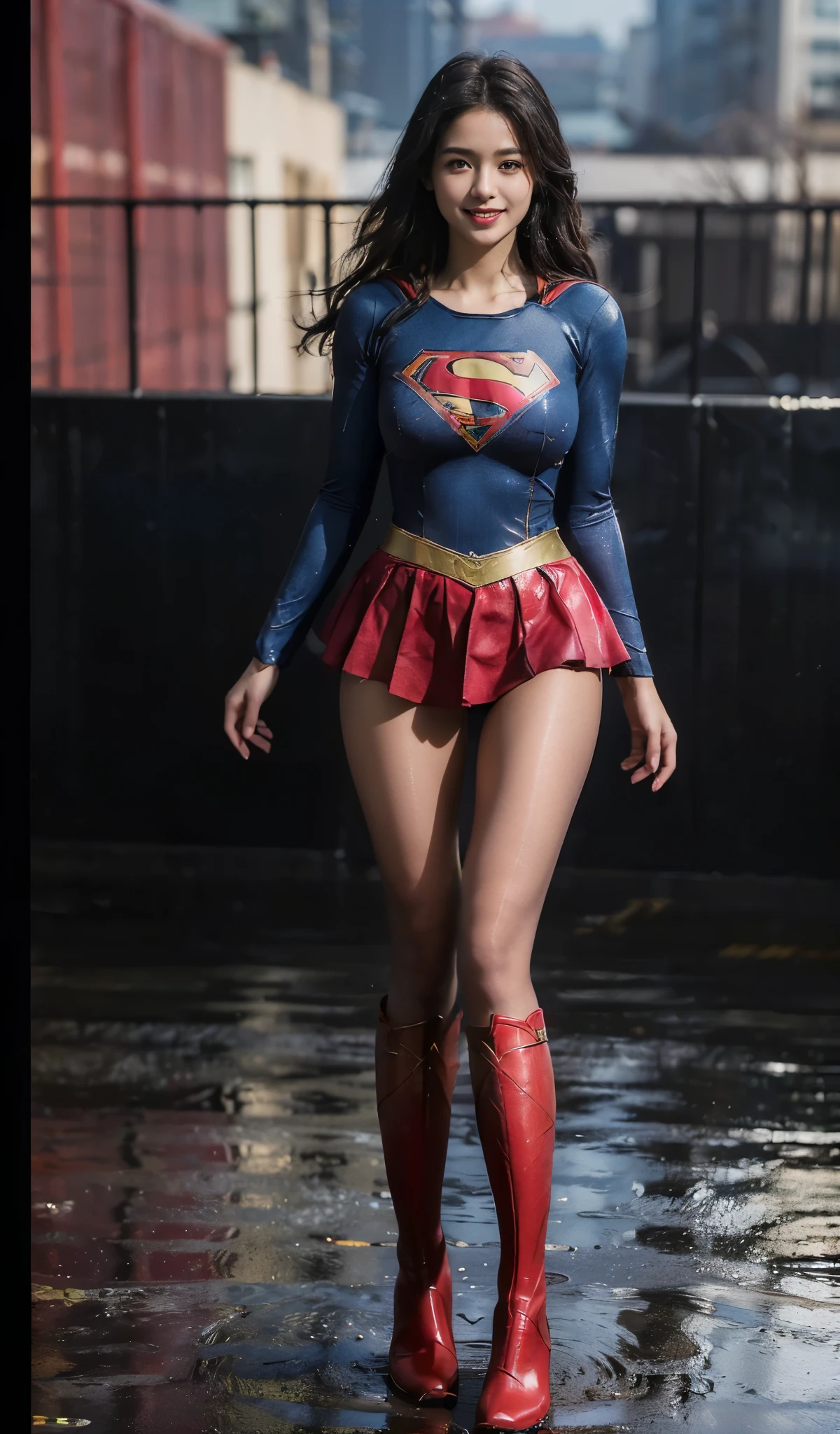 No background、Fitted Supergirl costume、Body Fit Costumes、and draw the full body、(((Wear black tights on your beautiful legs.)))、(((Grow legs、tall、Legally express the beauty of your smile)))、((((Make the most of the original image)))、(((Supergirl Costume)))、(((beautiful hairl)))、(((Suffering)))、(((Feet must necessarily be worn with black tights)))、(((You need to wear red boots)))、((Top image quality、8K))、((top-quality、8K、​masterpiece:1.3))、(((Keep Background )))、Crisp focus:1.2、Beautiful woman with perfect body shape:1.4、Slender Abs:1.2、a wet body:1.5、Highly detailed facial and skin texture、8K