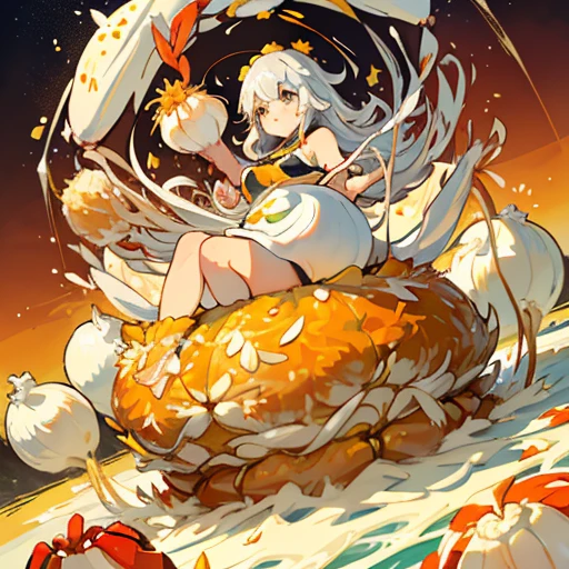 A mustard girl floats with a procession of oversized fresh spring roll balls.、Amazing dynamism、Amazing Angle、unstable buoyancy sandstorm、(((Many friendly oversized white onions floating and branching out)))、(((surround each other&#39;extra-large crab fried rice that splatters)))