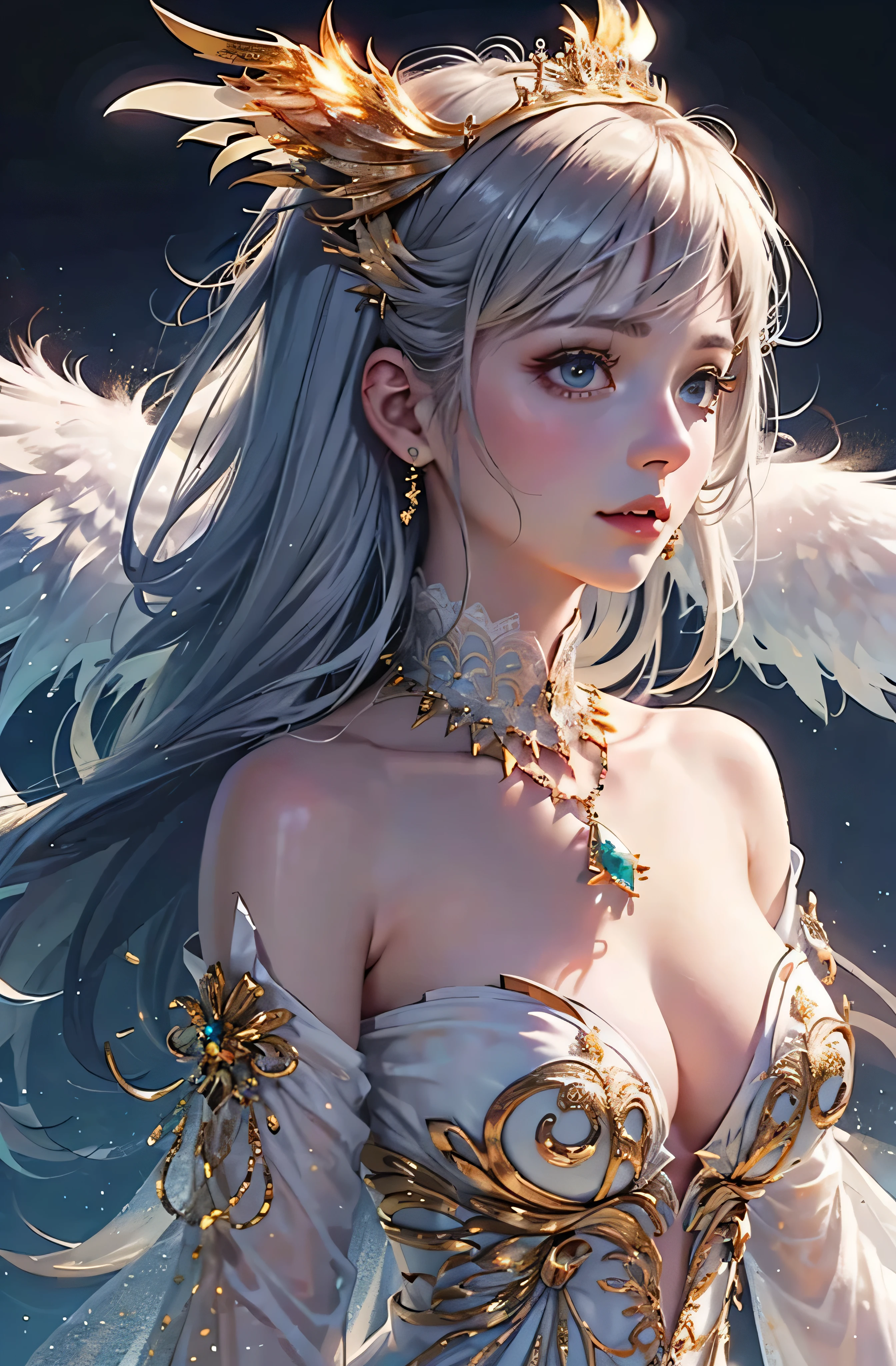 Castle in the distance、The face is front、Looking at the camera、profile、8K、realphoto、超A high resolution, Master Parts, Best Quality, nffsw , cinematic images,Lovely girl、ann、16 only、annグロサクソン、二重まぶた、drooing eyes、Very big eyes、Eyes purple、Dark eye shadow、The lips are very thin、The tip of the nose stretches beautifully..............................................、small nostrils,,,,, ighly detailed , Silver hair、Straight short hair、ssmile、 Sweet look 、)、Very clear shadows , jewely , A detailed eye, very intricate, shiny skins , パーフェクトブリリannト, Perfect Lighting, Dramatic shadows、White tiara on head、Gold necklace around the neck、White aristocratic dress with gold embroidery、Glass High Heels、Angel White Wings