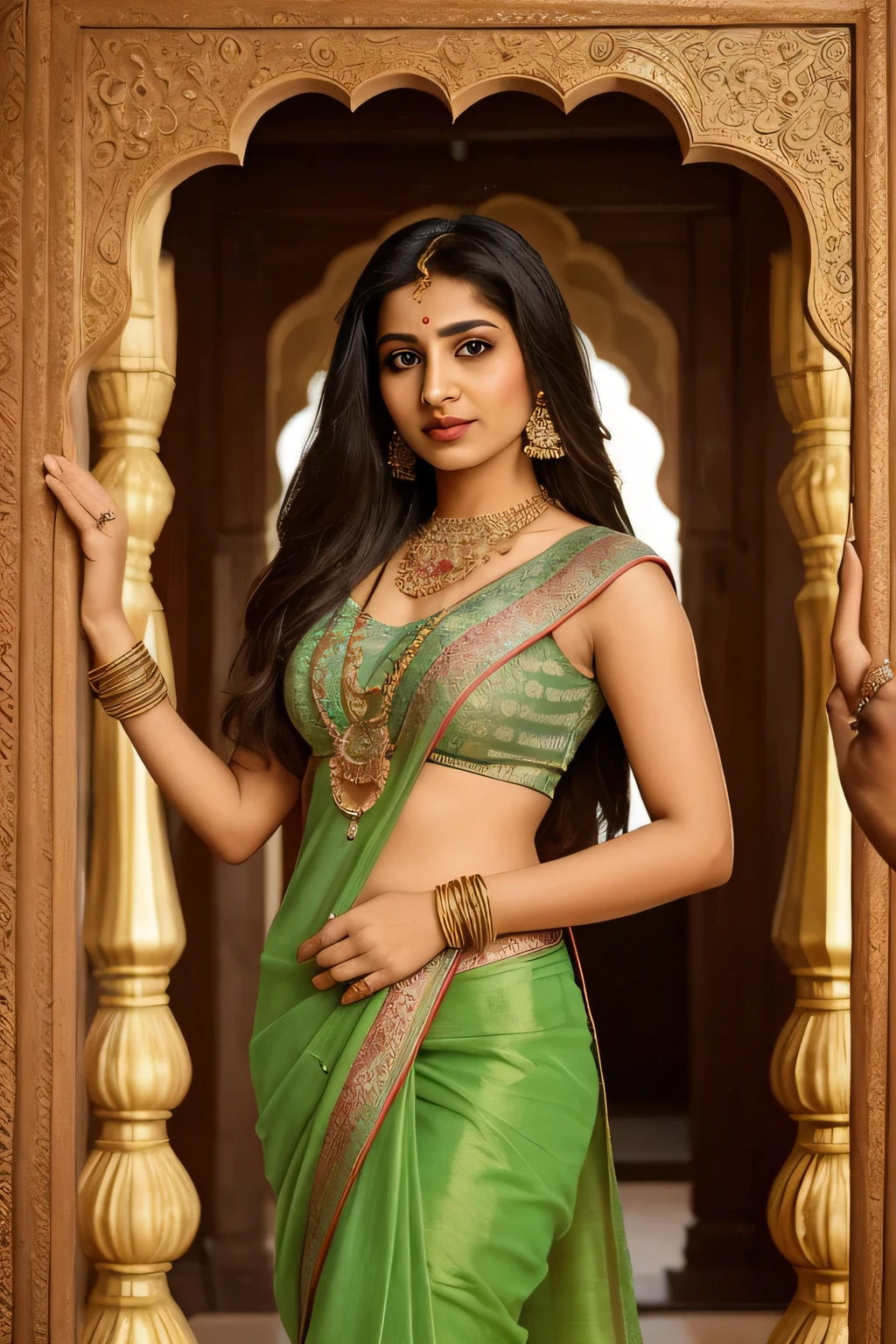 Describe an Indian girl in a vibrant traditional attire, standing against a backdrop of rich cultural heritage. She has long, flowing hair adorned with jasmine flowers, framing her face with a natural elegance. Her eyes sparkle with warmth and intelligence, reflecting the depth of her experiences.
Draped in a colorful saree or salwar kameez, the intricate designs and vivid hues accentuate her grace and poise. Adorned with traditional jewelry, her bangles jingle softly as she moves, adding a musical rhythm to her steps.
Her expression is a blend of confidence and humility, echoing the resilience and traditions passed down through generations. In her hands, she holds elements symbolic of her heritage, perhaps a book, a musical instrument, or a sacred object.
The background showcases elements of India's diverse culture — from ornate architecture to vibrant street scenes or lush natural landscapes. There's an air of pride and cultural richness surrounding her, reflecting the depth of India's traditions and the contemporary spirit of its youth.