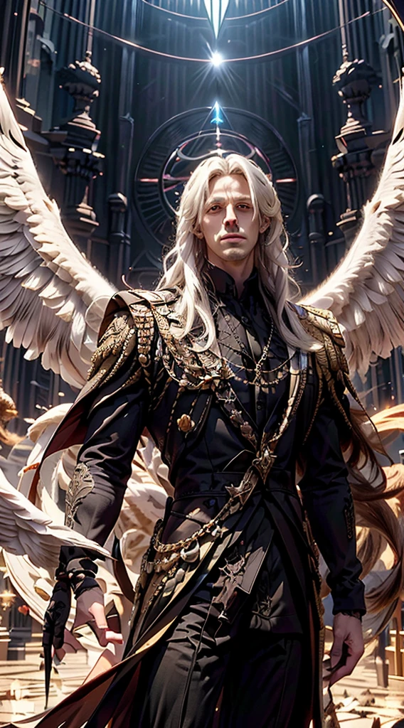 (master-piece:1.3),(bestquality:1.2),10,Absurd,Unity wallpaper 10,(Very detailed:1.3),highest, (1 man,handsome), ((Separate theme,gallop)), (long straight hair,long and handsome), Heterochromia, (White Hair,Black Hair), (angel,Demons), (White wings,black wings)