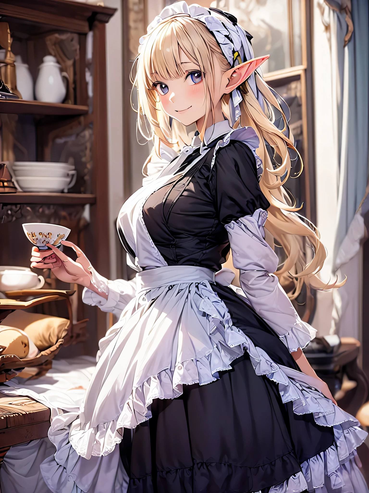 elf girl solo, smiling gentry,  silver blonde twintail hair, black long maid dress, She is drinking tea in an antique teacup