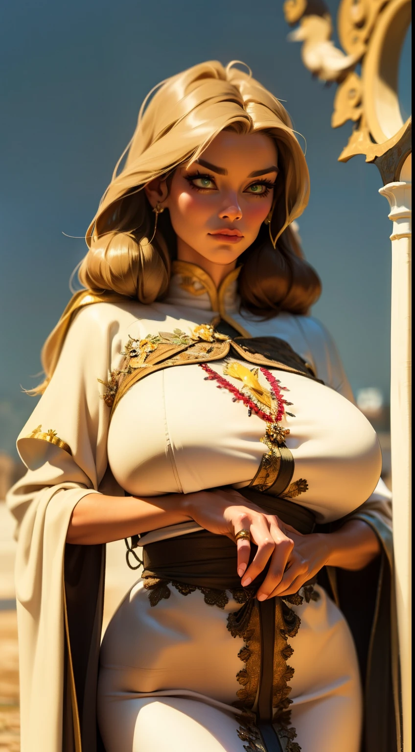 Elara, a (medieval villager), emanates ethereal beauty with (chestnut hair), gigantic breasts, emerald eyes, and a compassionate spirit as the village healer, Elara wears a flowing, (earth-toned gown) adorned with subtle embroidery, reflectinedieval fashion), while exuding simplicity, grace, and timeless elegance.