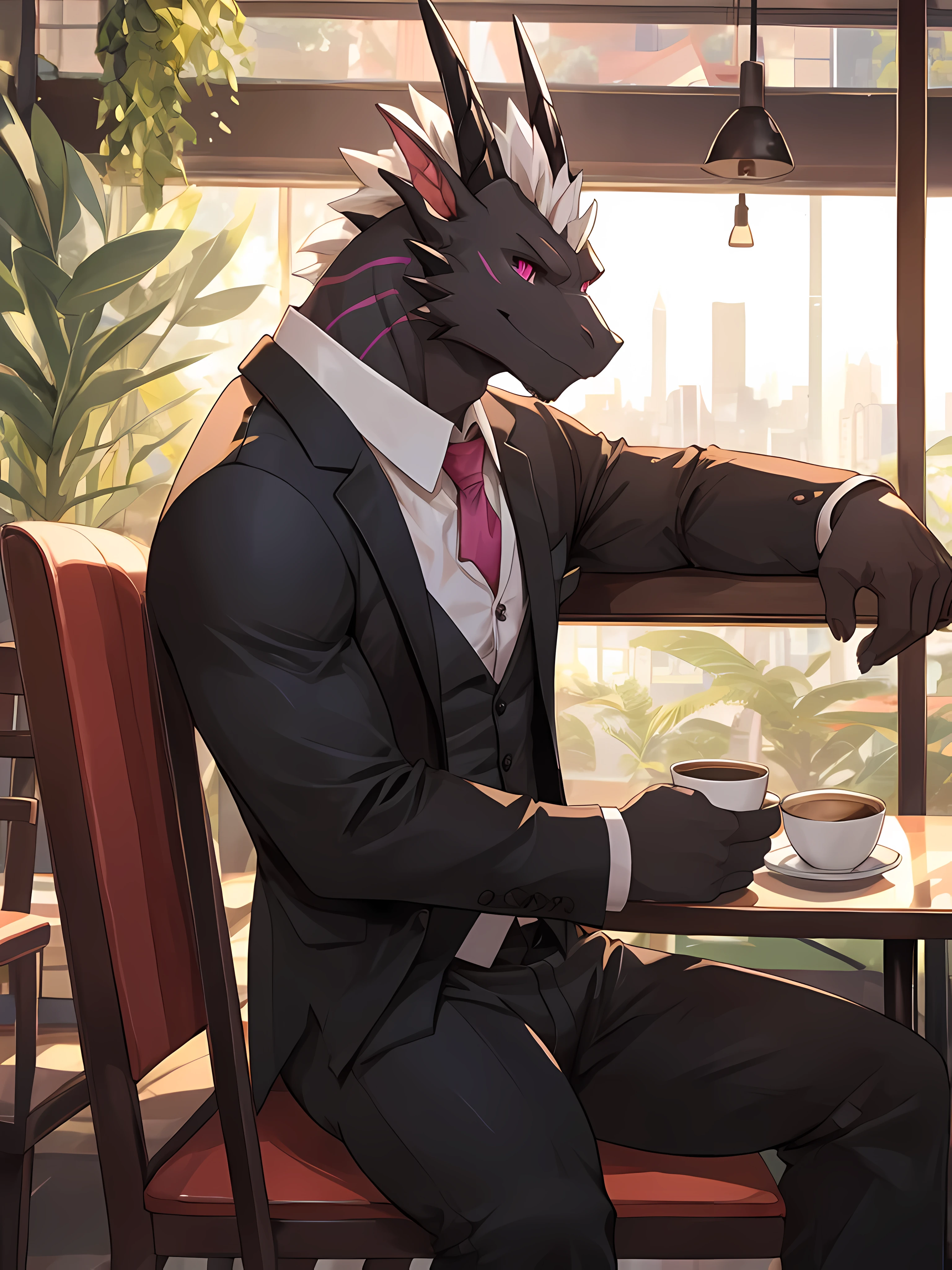 (ByZEphyrus),furry,bara,black dragon,pink eyes,muscular,Wearing a white suit.,black pants,Sitting in a coffee shop 1.7,Warm atmosphere,partial sunlight,Eyes looking out the window,