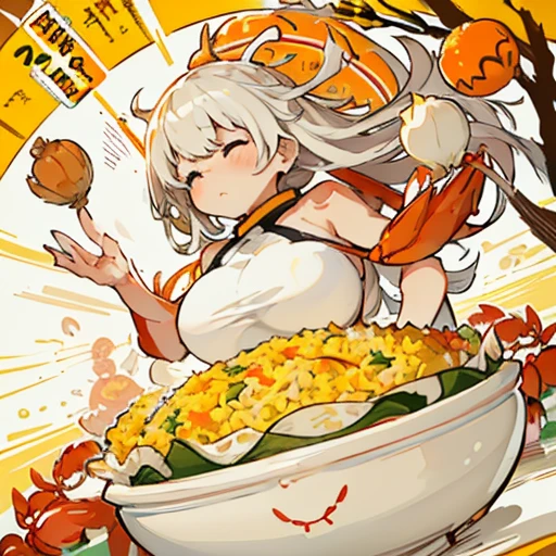 A mustard girl floats with a procession of oversized fresh spring roll balls.、Amazing dynamism、Amazing Angle、unstable buoyancy sandstorm、(((Many friendly oversized white onions floating and branching out)))、(((surround each other'bursting extra large crab fried rice)))