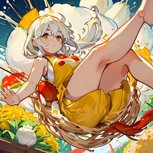 A mustard girl floats with a procession of oversized fresh spring roll balls.、Amazing dynamism、Amazing Angle、unstable buoyancy sandstorm、(((Many friendly oversized white onions floating and branching out)))、(((surround each other'bursting extra large crab fried rice)))