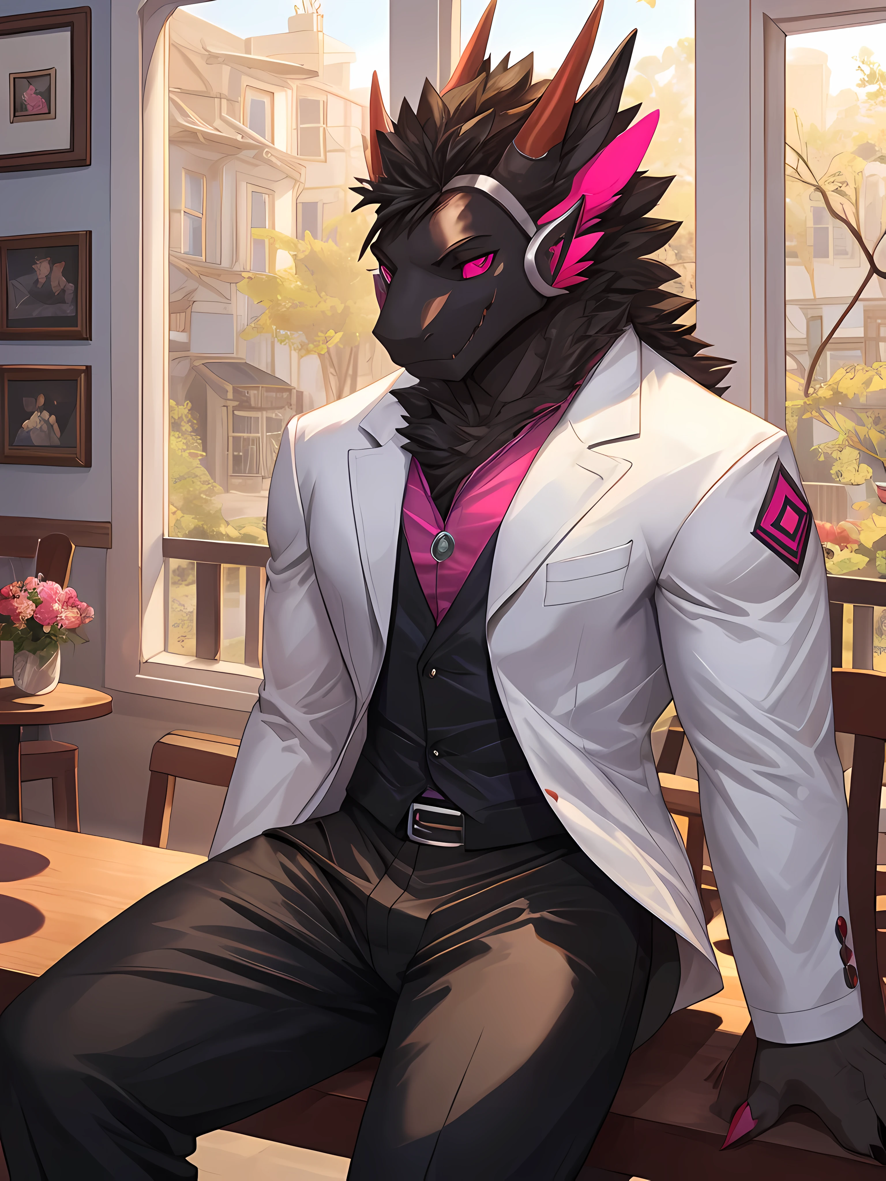 (ByZEphyrus),furry,bara,black dragon,pink eyes,muscular,Wearing a white suit.,black pants,Sitting in a coffee shop 1.7,Warm atmosphere,partial sunlight,Eyes looking out the window,