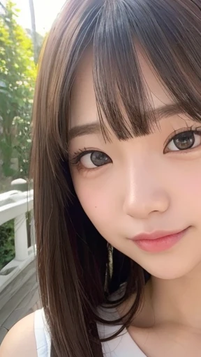 Smile、Raw photography、(((Ultimate Beauty Portrait)))、女の子1人、Japanese 17 year old beautiful girl、bright expression、((brown haired))、((Big eyes that shine like jewels))、white tank tops、Glossy glossy skin、(Semi-long hair)、(is standing)、eye liner、Beautiful bangs、Hair between the eyes、((​masterpiece、最hightquality、ultra-detailliert、Film Light、intricate-detail、hight resolution、ighly detailed))、细致背景、8KUHD、Digital SLR、Soft light、hightquality、Film grain、FujifilmXT3 、Shallow depth of field、natural soft light、(Photographed from the front in a natural posture:1.5)、hanging eye makeup