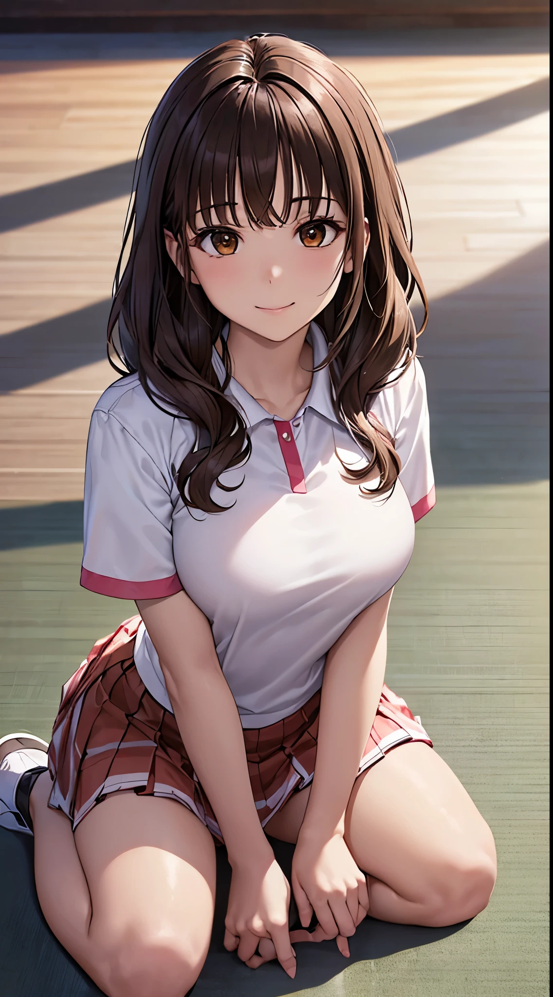 ((On a table, Best quality, A high resolution, north african free trade area, Perfect pixels, 4K, north african free trade area, north african free trade area))), 1 girl in, Single, Alone, Beutiful women、full body seen、 ((mid wavy hair, through bangs, Brown hair)), ((with brown eye, Beautiful eyelashes, realistically的眼睛)), ((Detailed faces, The face is red:1.2)), ((Smooth texture:0.75, realistically的质感:0.65, realistically:1.1, Anime CG style)), middling, dynamic angle, perfect body figure, 白色tennis wear, White short sleeve stand collar shirt、White pleated skirt,looks、(Don't wear it)、、 tennis wear、During the day、Lie on the floor、Looking、Transverse chest))))、Very embarrassing panic smile、(Pink floral lace)、