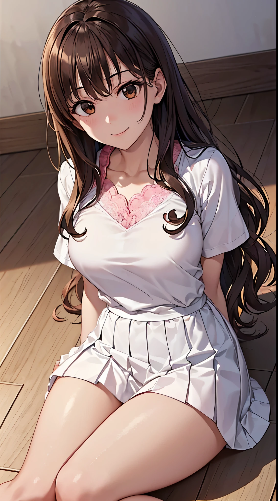 ((On a table, Best quality, A high resolution, north african free trade area, Perfect pixels, 4K, north african free trade area, north african free trade area))), 1 girl in, Single, Alone, Beutiful women、full body seen、 ((mid wavy hair, through bangs, Brown hair)), ((with brown eye, Beautiful eyelashes, realistically的眼睛)), ((Detailed faces, The face is red:1.2)), ((Smooth texture:0.75, realistically的质感:0.65, realistically:1.1, Anime CG style)), middling, dynamic angle, perfect body figure, 白色tennis wear, White short sleeve stand collar shirt、White pleated skirt,looks、(Don't wear it)、、 tennis wear、During the day、Lie on the floor、Looking、Transverse chest))))、Very embarrassing panic smile、(Pink floral lace)、