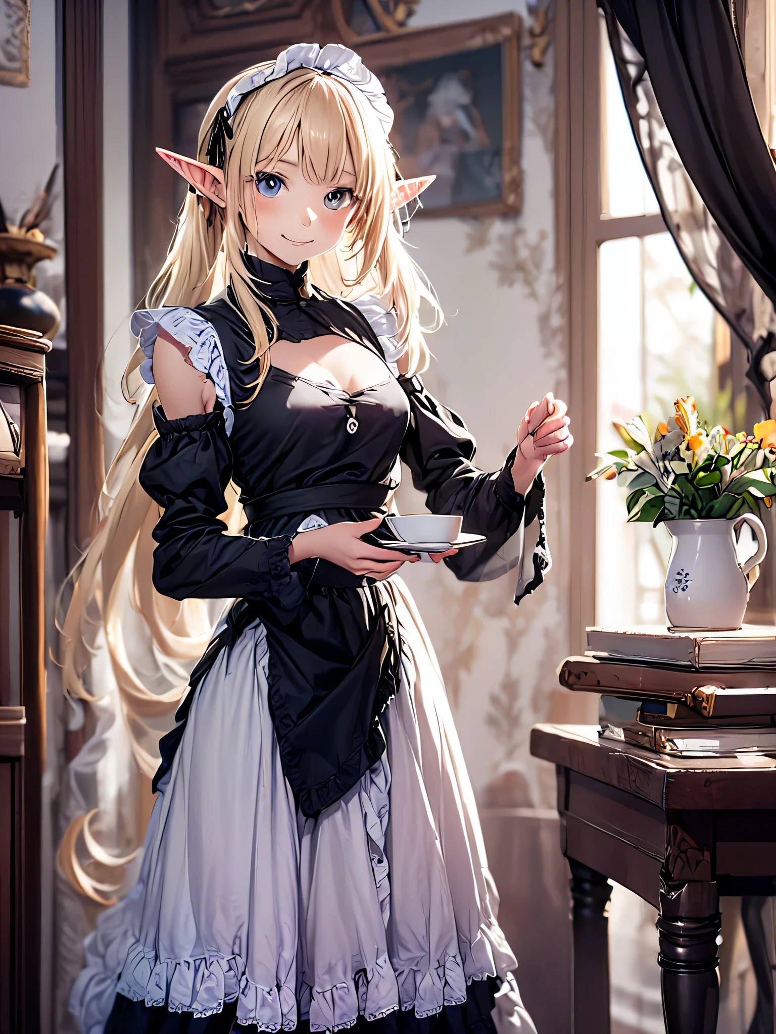 elf girl solo, smiling gentry,  silver blonde twintail hair, black long maid dress, She is drinking tea in an antique teacup