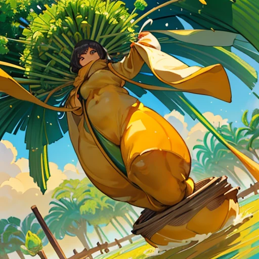 A mustard girl floats with a procession of oversized fresh spring roll balls.、Amazing dynamism、Amazing Angle、unstable buoyancy sandstorm、(((Many friendly oversized green onions floating and branching out)))、(((surround each other&#39;bursting extra large crab)))
