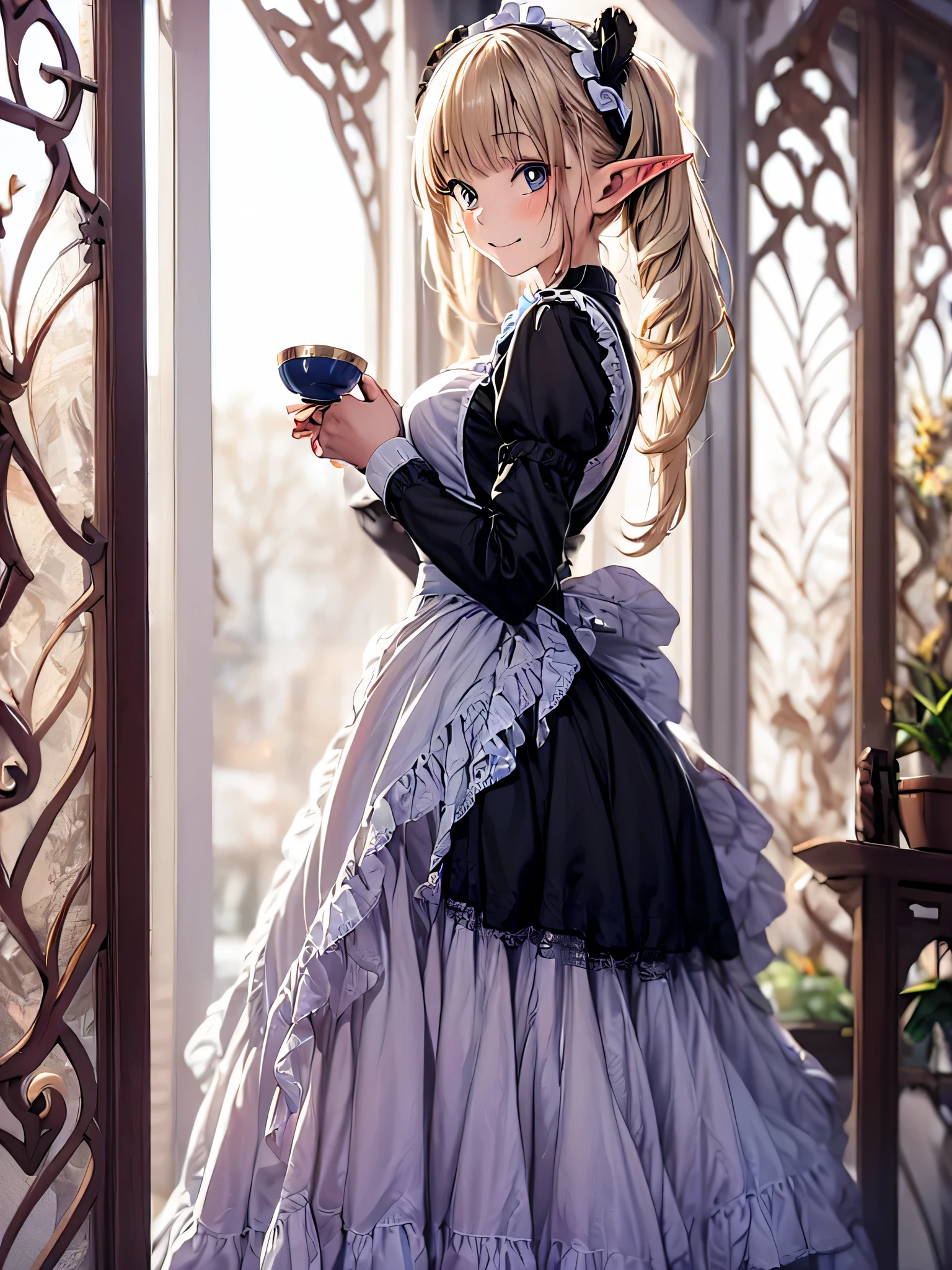 elf girl solo, smiling gentry,  silver blonde twintail hair, black long maid dress, She is drinking tea in an antique teacup