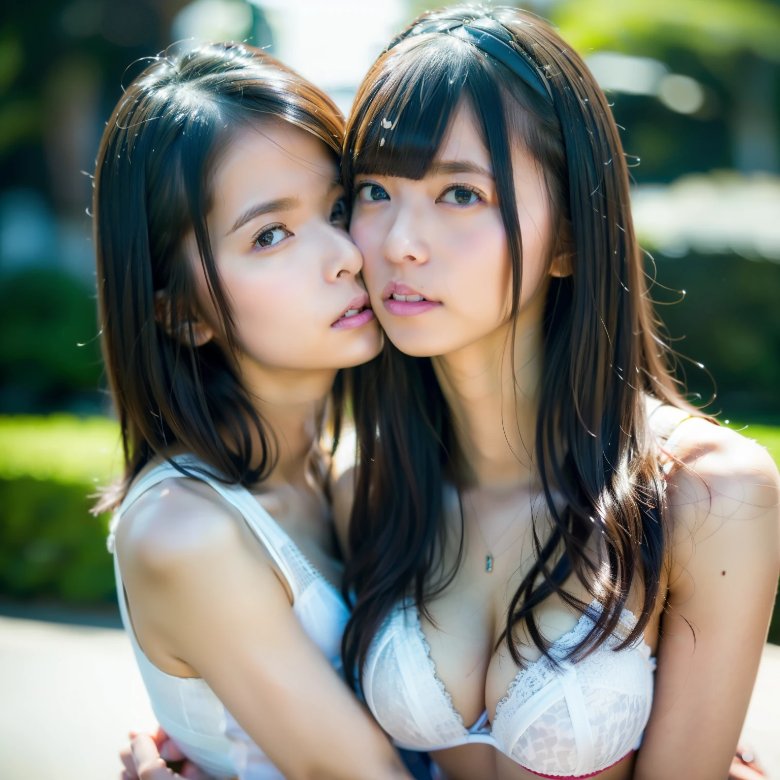 The ultra -The high-definition、top-quality、全身エスlesbian、lesbian、lesbian、bangss、2girls、lilies、レズthe kiss、the kiss、(Dark hair)、straight haired、hug、hug、cleavage of the breast、Plump breasts、White Bikini、Slimed、see -through、(8K、Raw photography、top-quality、masterpiece:1.2)、ultra-detailliert、ultra res、(hyper reality、)ultra-detailliert、ultra res、(realisitic、current:1.47)、extra detailed face、extremely detailed eye、非常にrealisiticな肌、 extremely detailed fingers, highly detailed nose, highly detail mouth