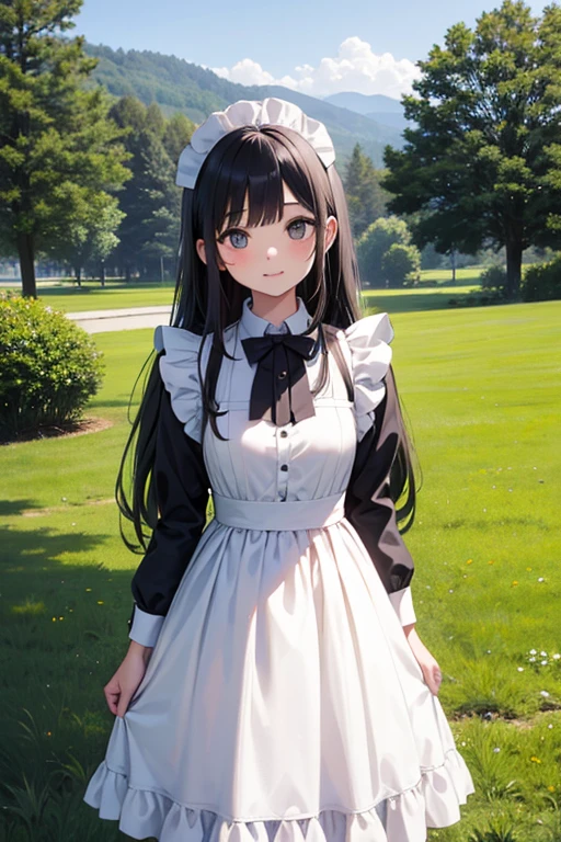 a beautiful girl standing on the grass hill with the photo to her right, maid, 
cute, long hair