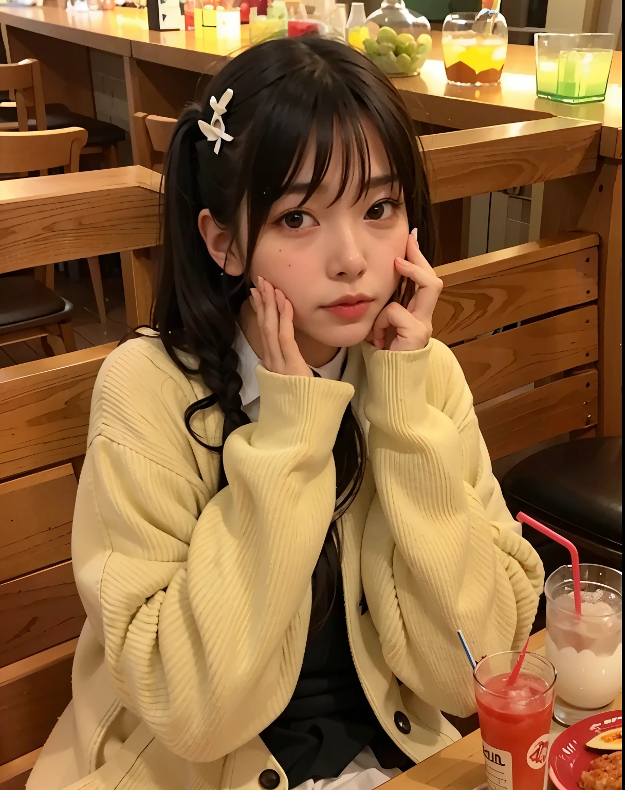 araffe woman sitting at a table with a drink in her hand, chiho, ulzzang, twintails white_gloves, shikamimi, the hime cut, cute kawaii girl, shiori teshirogi, sakimichan, loli, with index finger, 19-year-old girl, with cute - fine - face