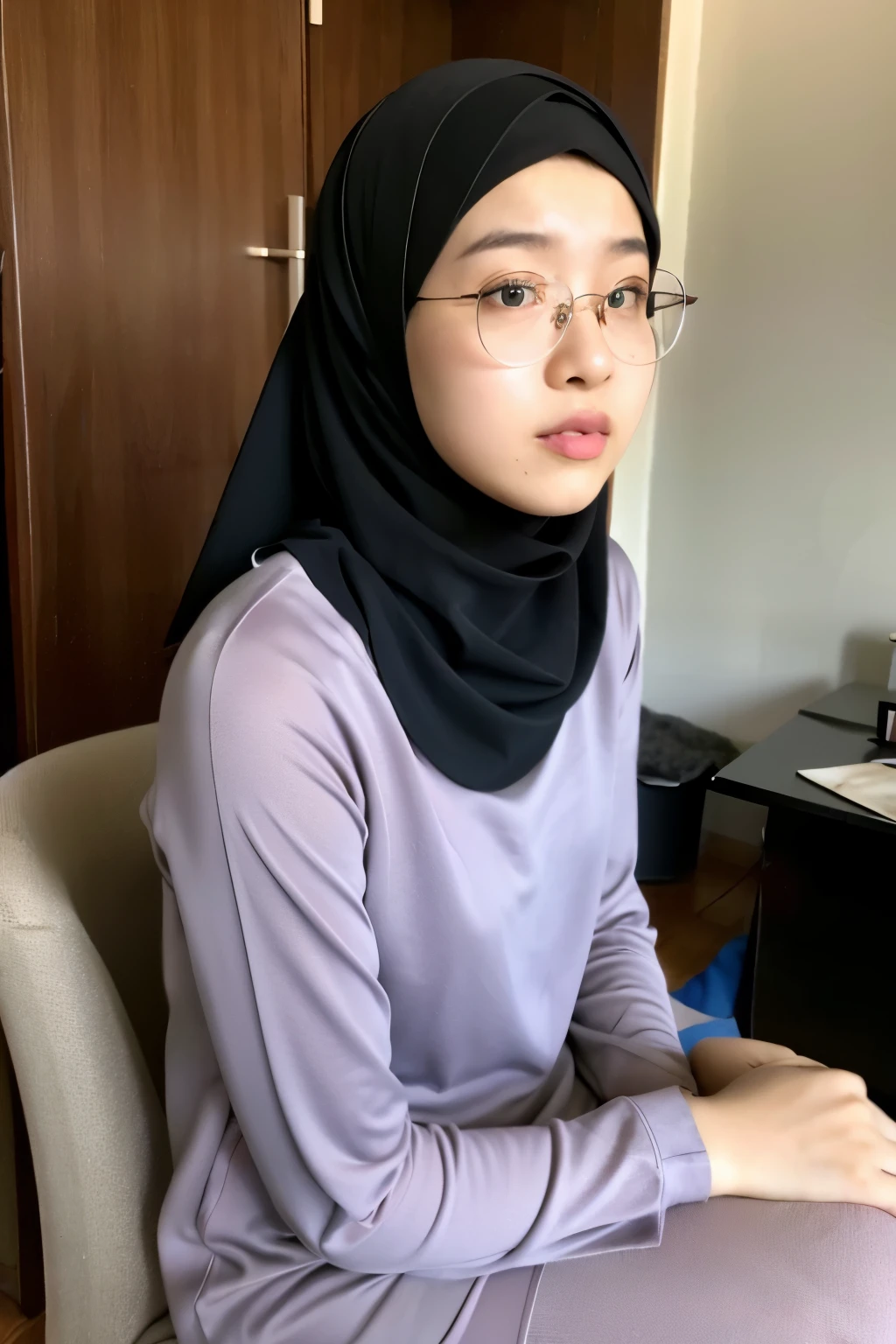 Photorealistic, A malay girl, wear hijab, glassess, sitting on chair at home, sulky face