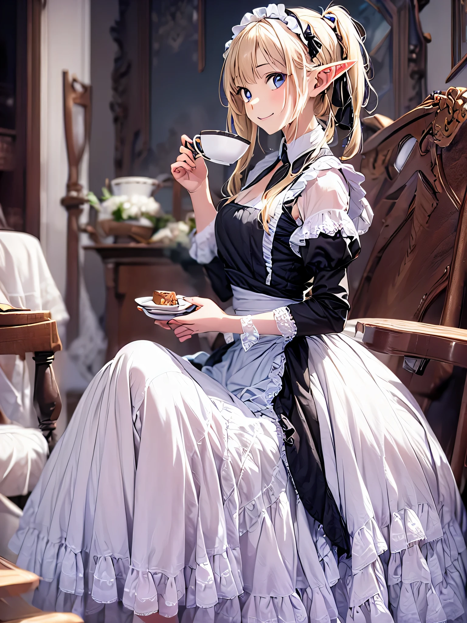 elf girl solo, smiling gentry,  silver blonde twintail hair, black long maid dress, She is drinking tea in an antique teacup