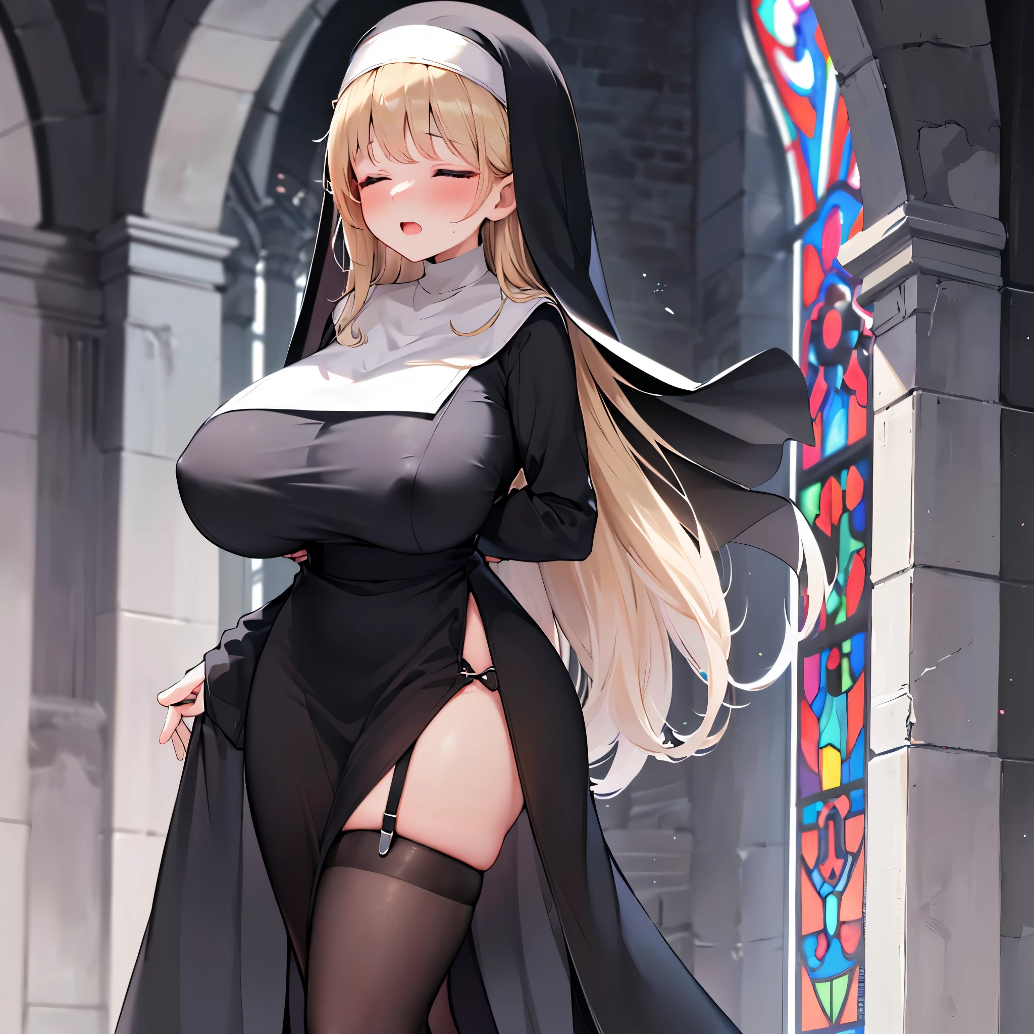 (solo 1 praying cute nun:1.3) standing in church, praying with holding hands together over chest, very thin, (black sheer long dress:1.5), (gigantic breasts:1.3), (bursting breasts:1.2), (black sheer long skirt:1.4), inconceivably thin waist, closing eyes, nose blush, open mouth, (heavy breathing:1.2), stained glass, full body, 8k, ultra-detailed, masterpiece, (see-through:1.2)