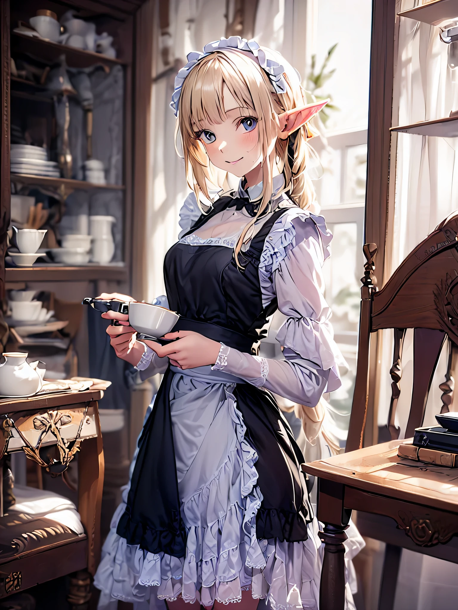 elf girl solo, smiling gentry,  silver blonde twintail hair, black long maid dress, She is drinking tea in an antique teacup