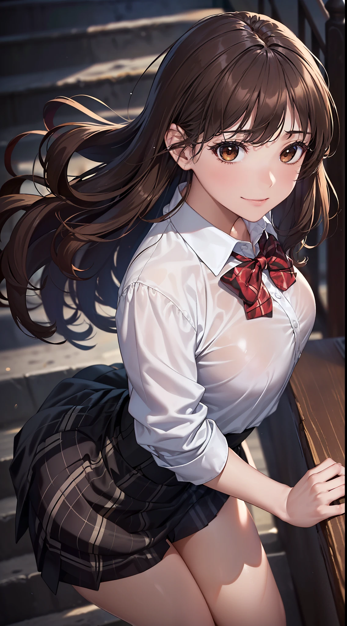 ((On the table, Best quality at best, A high resolution, north african free trade area, Perfect pixels,  4K, north african free trade area, north african free trade area))), 1 girl in, Single, Alone, Beautuful Women、full body seen、 ((mid wavy hair, By bangs, Brown hair)), ((with brown eye, Beautiful eyelashes, realisticlying的眼睛)), ((详细的脸, Be red in the face:1.2)), ((Smooth texture:0.75, realisticlying的质感:0.65, realisticlying:1.1, Anime CG style)), medium, dynamic angle, perfect bodies,  ((red bowtie, 校服, , white  shirt, Black dress, plaid skirts)), City stairs、Looking up from the bottom of the stairs、Very embarrassing panic smile, turning around、bended forward、(The wind blew over the skirt，Revealed...................、hands buttocks、Light blue lace)、