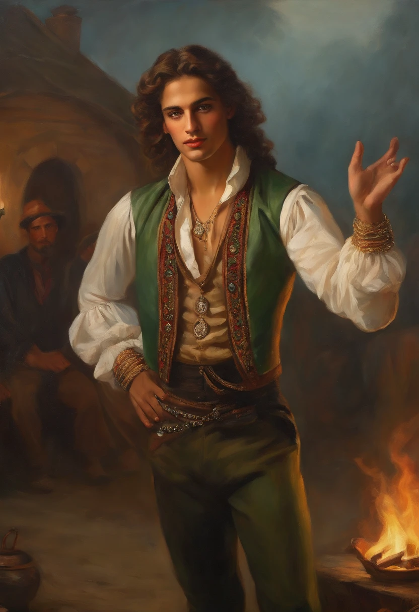 Baroque style painting of a young gypsy dancer, earrings and bracelets, beautiful and strong young man, dressed in a vest, shirt and pants in the style of the Victorian Era, green eyes, long, silky, brown hair falling over his shoulders, ((Dancing close from a bonfire in a gypsy camp)).