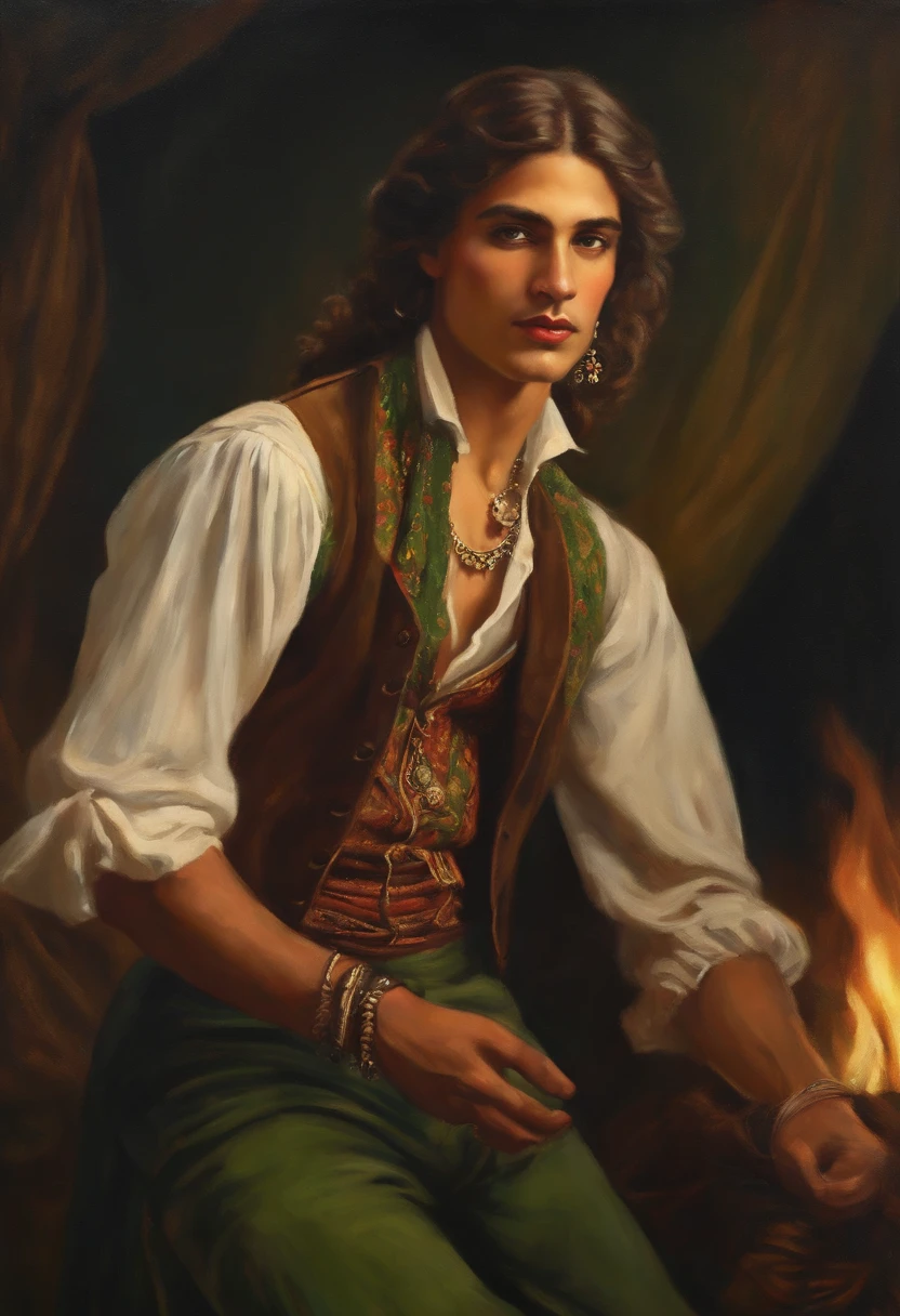 Baroque style painting of a young gypsy dancer, earrings and bracelets, beautiful and strong young man, dressed in a vest, shirt and pants in the style of the Victorian Era, green eyes, long, silky, brown hair falling over his shoulders, ((Dancing close from a bonfire in a gypsy camp)).