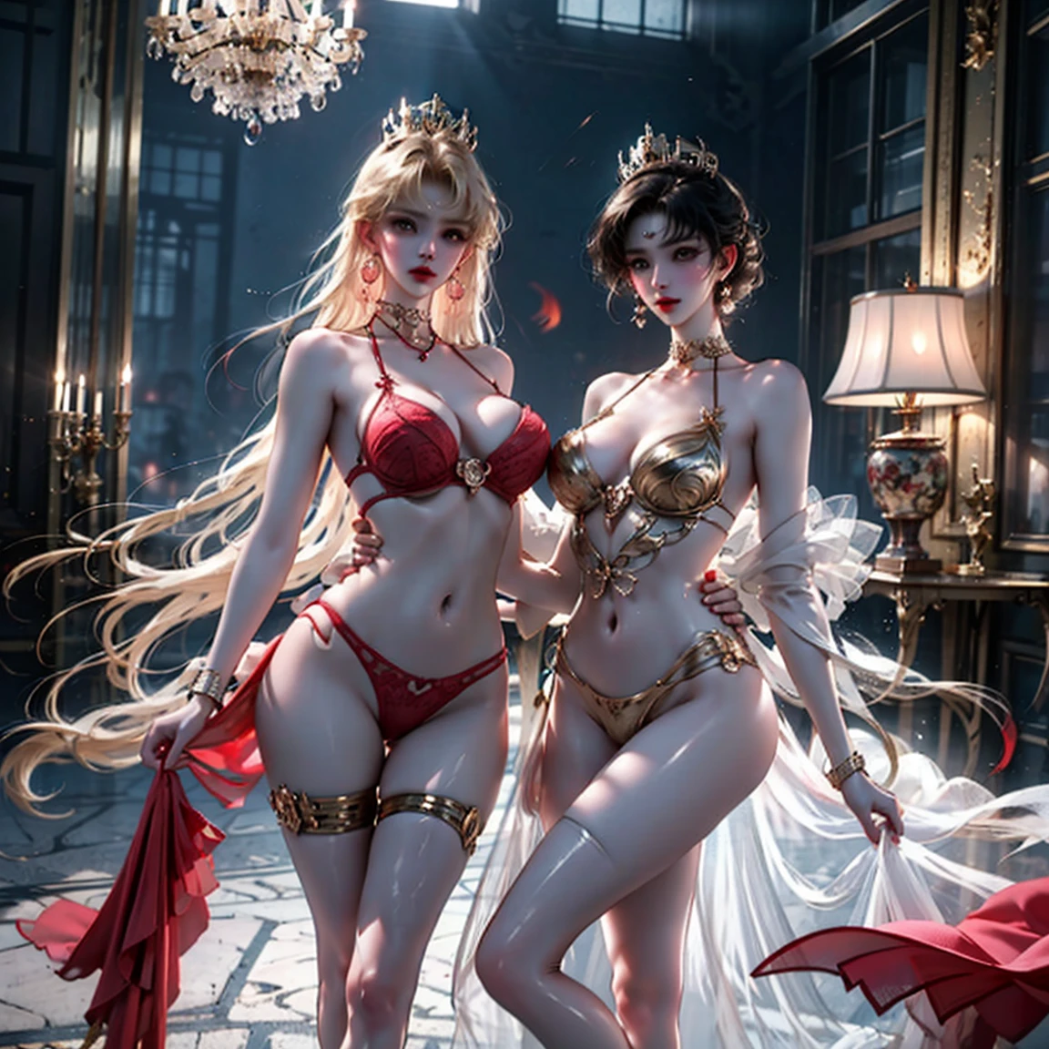 Two girls having close contact, 2个站立's女孩,stand posture,45 yers old,性感's, cropped shoulders, 性感's pose, window, 后窗's光线是背光's, (rim-light), 深刻's理解, lust, 's, Very shy, ( Reflector light), long leg breasts), 纤细's腰身, 完美's身材, 完美's手, 金色's头发, purity, Red belt, jewely, choker necklace, ear nipple ring, tiara crown, bookshelves, teapot, low light photography, Two girls having close contact, 两个美丽's白人女孩's特写镜头, 两具完整's女性身体, Complete two female bodies, crotch chuck, big chest and thin waist: 1.8, Glow skin, Hardly any clothes, Lop, 漂亮's脸, sexually arousing, sexual expressio, Hazy beauty, Camel toes, 解剖学上正确's, big chest and thin waist: 1.8, Full body lesbian, 纤细's腿和腰,Focus sharp,骨头是直's'Ace Focus,正确's身体解剖结构,完美's解刨学, Golden decoration, solid black background: 0.7, loong pattern, fenghuang, big chest and thin waist,high-heels,优雅's,Complete body,bare-legged,Glow skin,有着闪亮's银发,including legs and feet,特大巨大's胸,迷人's眼睛,Slim abs:1.6,骨头是直's's,Decorative style,Translucent lingerie,正确's腿部解刨结构