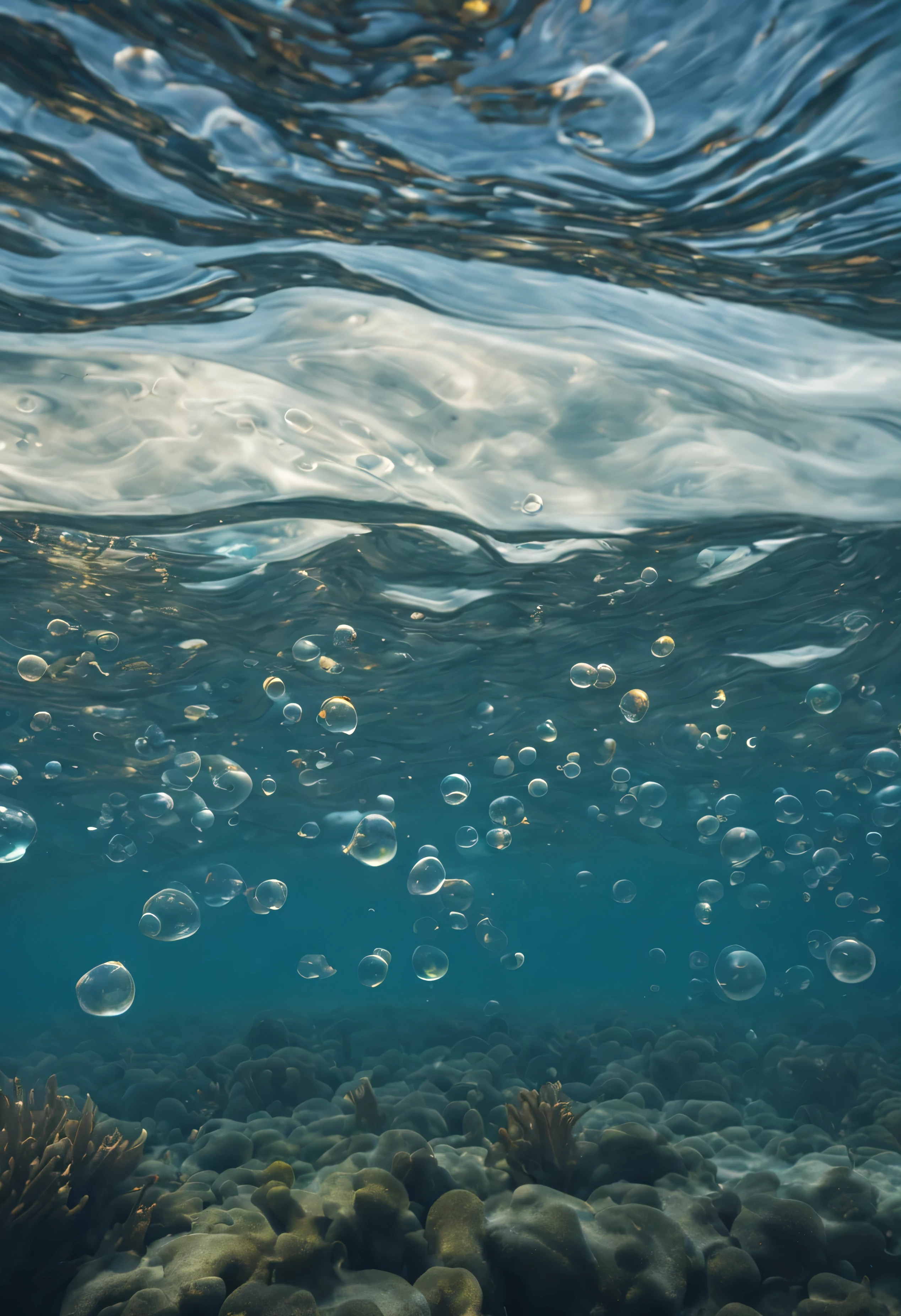 Bubbles from the floor of the ocean straight up under water,best quality,ultra detailed,uhd