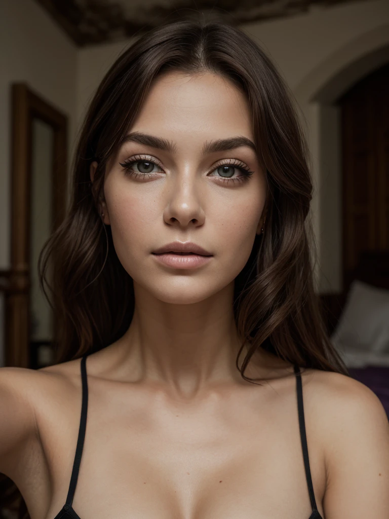 mujer arafed cuerpo completo, con ojos marrones, ultra realista, meticulosamente detallado, Retrato Sophie Mudd, brown curly hair, ojos grandes, selfie de una mujer joven, Ojos del dormitorio, Violeta Myers, sin maquillaje, Maquillaje natural, staring directly into camera, cara con artgram, maquillaje sutil, Impresionante foto de cuerpo completo arrodillado en la cama, En el dormitorio, escote, in a photo shoot in a ruin