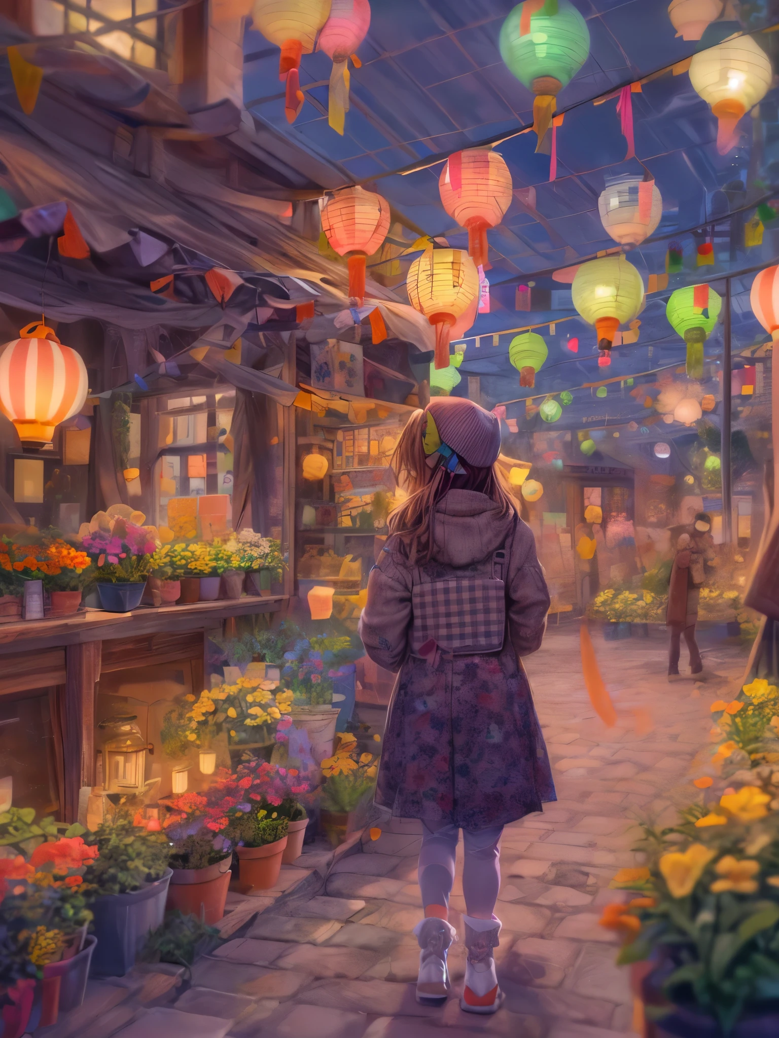 (Faraway view:1.8), ((at winter season))，(New Year&#39;s Day)，((fireworks in the night sky:1.7))，((Fireworks bloom，lots of fireworks))，Quaint European village，(corner flower shop:1.5)，beautiful  flowers，warmly lit，(Filled with many colorful lanterns and New Year decorations:1.8)，(Girl in down jacket standing on charming cobblestone street:1.2), Bathed in the warm glow of street lights，(Vines decorated with bright flowers climb up rustic buildings), Create scenes with natural beauty，The air is filled with the scent of fresh flowers from a nearby flower shop，(Depicted in delicate vector illustration style and flat style)，HighestQuali，8k，A high resolution，tmasterpiece：1.2，ultra - detailed，high dynamic range imaging，hyper HD，Studio lighting，hyperdetailed painting，Sharp focus，physically-based renderingt，Extremely detailed description，professinal，vivd colour，styled：Vector illustration