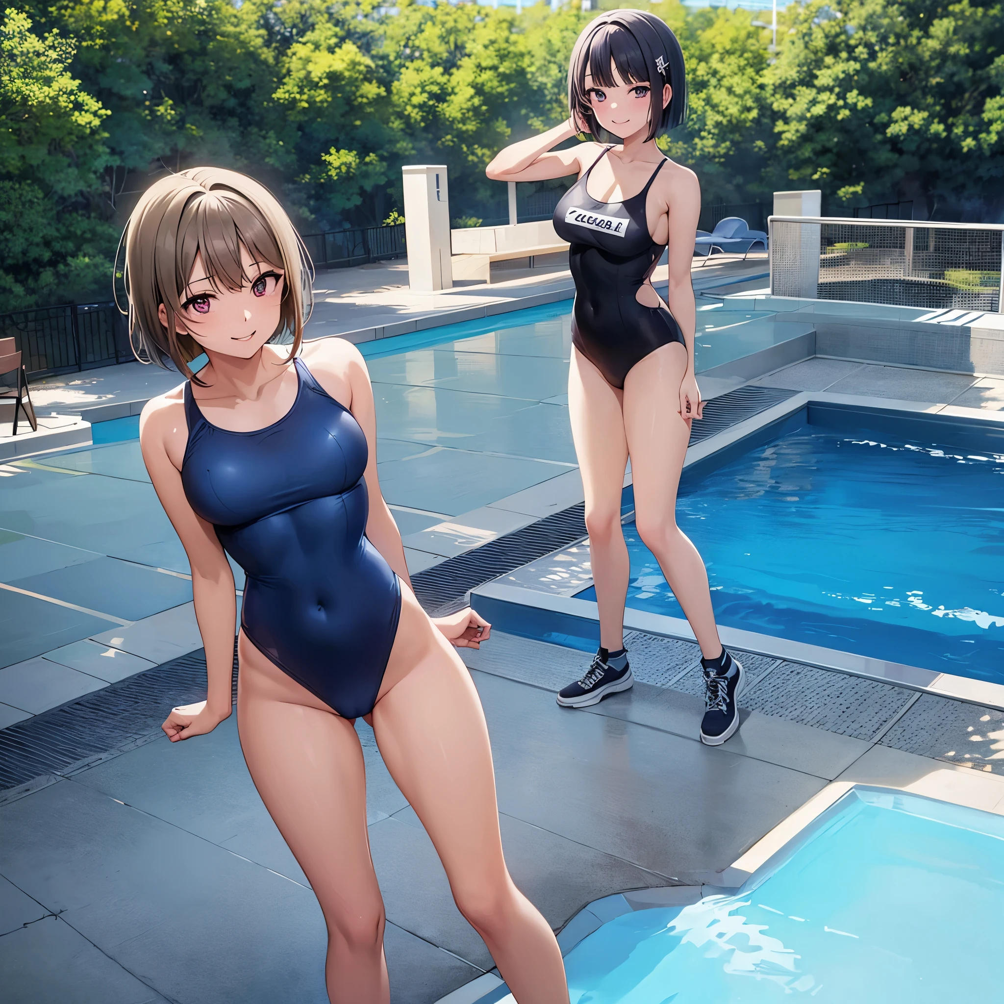 young , Girl vs, Dark blue one-piece swimsuit,Slightly larger,Willow waist, Hair style is bob, poolsidebackground,Smiling faces,Full body lesbian,lewd poses