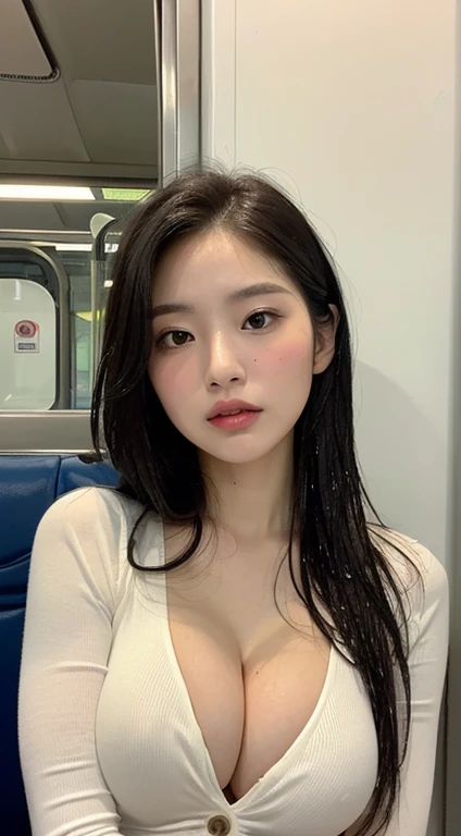 ((best qualtiy, 8K, tmasterpiece:1.3)), sharp:1.2, Perfect figure beautiful woman:1.4, Slim abs:1.2, ((Layered Hair Style, Colossal tits:1.3,cleavage:1.2)), (Long shirt with sheer white buttons:1.1),(On the train,In front of the door:1.2),Get wet:1.5,Highly detailed facial and skin texture,A detailed eye,二重まぶた,A sideways glance at the camera,ssex:1.2