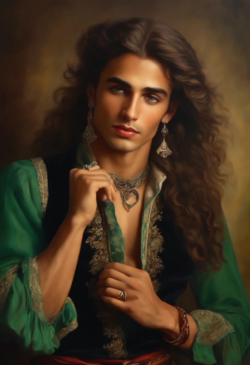 Baroque style painting of a young gypsy dancer, earrings and bracelets, beautiful and strong young man, dressed in a vest, shirt and pants in the style of the Victorian Era, green eyes, long, silky, brown hair falling over his shoulders, ((Dancing close from a bonfire in a gypsy camp)).