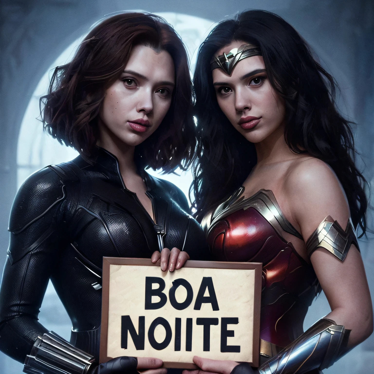 Nesta fotografia cativante, the perfect blend of old world charm and modern luxury is portrayed. Retrato 2 meninas: Black Widow (Scarlett Johansson, marvel cinematic universe) & mulher maravilha (Gal Gadot, DC Universo Estendido) segurando uma placa que diz: "Boa noite", Realistic image, 32k, intrincado, Artstation Trend, youth trend. The impeccable quality of the photography further enhances the fascination of this captivating scene, evoking a sense of enchantment and timeless beauty.