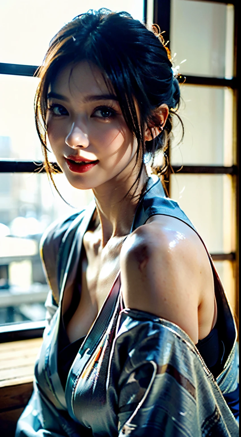 1girl, japanese onsen background, Extremely beautiful, amazing face and eyes, extremely detailed beautiful face, SLIGHTLY LONG CHIN), (Ultra realistic), (highly detailed eyes, highly detailed hair, highly detailed face, highly detailed plump lip, petite and curvy, breasts, dynamic action, sexy pose, upper and lower body, SWEET SMILE (best quality:1.4), Raw photo, (realistic, photo-realistic:1.4), professional photography, cinematic light, light kimono, some snow, change aspect ratio to 4:3