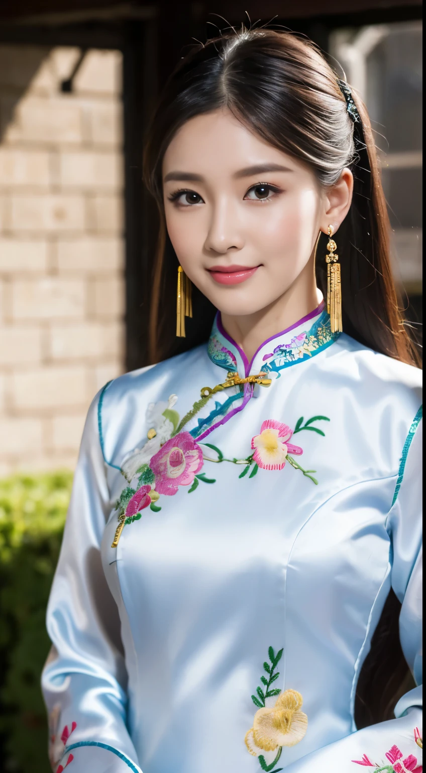 (best qualtiy,8K,32K,tmasterpiece,realisticlying,The is very detailed, hyper HD:1.2), (1girll), Young and beautiful beauty,Bright eyes,High nose,Well-proportioned facial features,ssmile, (Cropped cheongsam,Off-white embroidered cheongsam, stocklings:1.1,standing on your feet:1.2), long leges,ear studs,A delicate face,The five features are distinct,Fair and ,Jet black hair,(Ancient city walls,City Gate),The roles are very detailed,absurderes