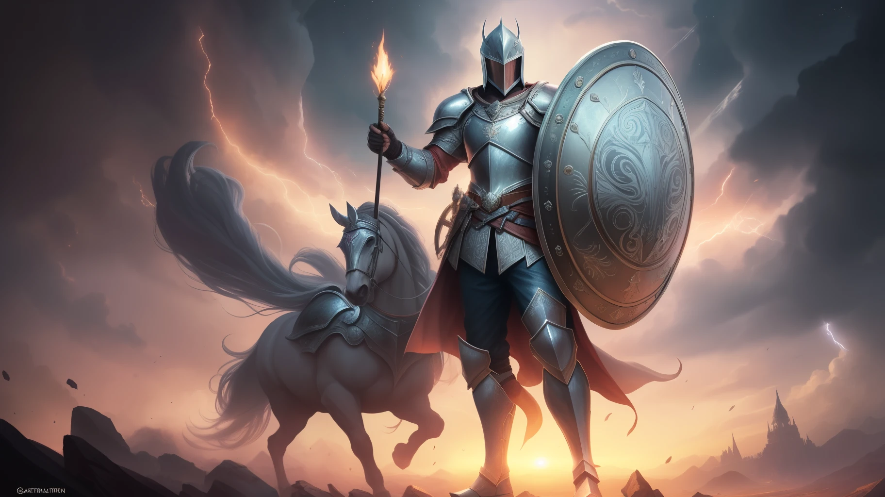 breathtaking A highly detailed digital painting of a powerful knight in armor holding a large, ornate shield in a heroic stance, extremely detailed full body knight in shiny silver armor with intricate patterns, standing in a dramatic pose, one hand holding a massive, circular shield with a glowing crest in the center . award-winning, professional, highly detailed, breathtaking shield has beautiful engraved swirls and runes, shining metal, cinematic lighting, illustration by artgerm and greg rutkowski and alphonse mucha, digital painting . award-winning, professional, highly detailed, detailed matte painting, deep color, fantastical, intricate detail, splash screen, complementary colors, fantasy concept art, 8k resolution trending on Artstation Unreal Engine 5 --auto --s2