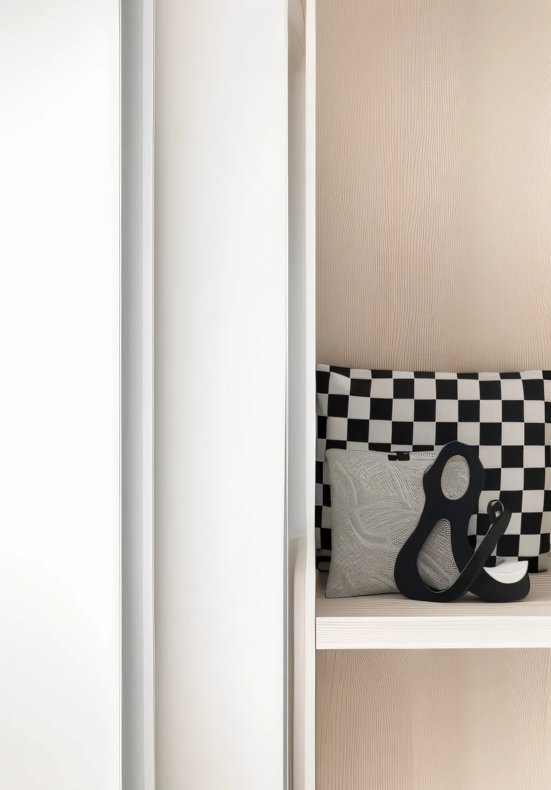 There is a black and white pillow on the shelf in the closet, smooth panelling, white finish, catalogue photo, middle close up composition, Modern details, detailed archviz render, Art Mista, graphic detail, glossy white metal, subtle detailing, Clean details, low details and clean lines, The lines are clear and smooth, 清晰的线条, Nordic pastel colors
