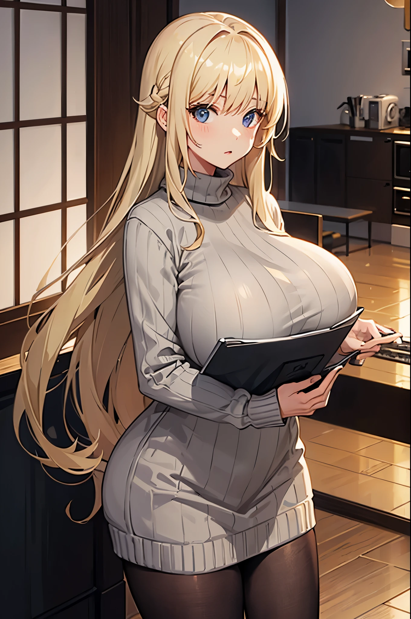 Blonde hair, Gray sweater, humongous large breast