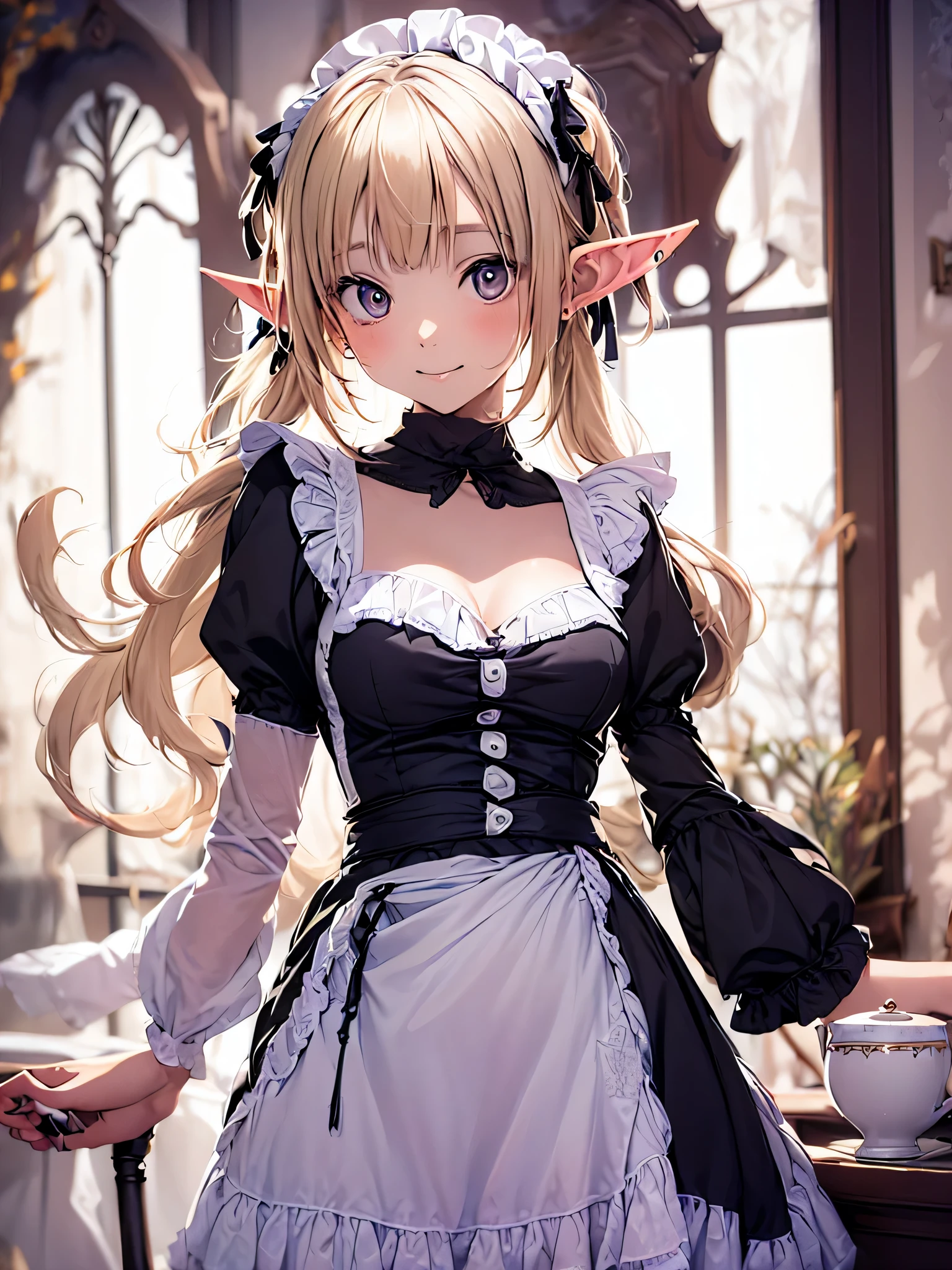 elf girl solo, smiling gentry,  silver blonde twintail hair, black long maid dress, She is drinking tea in an antique teacup