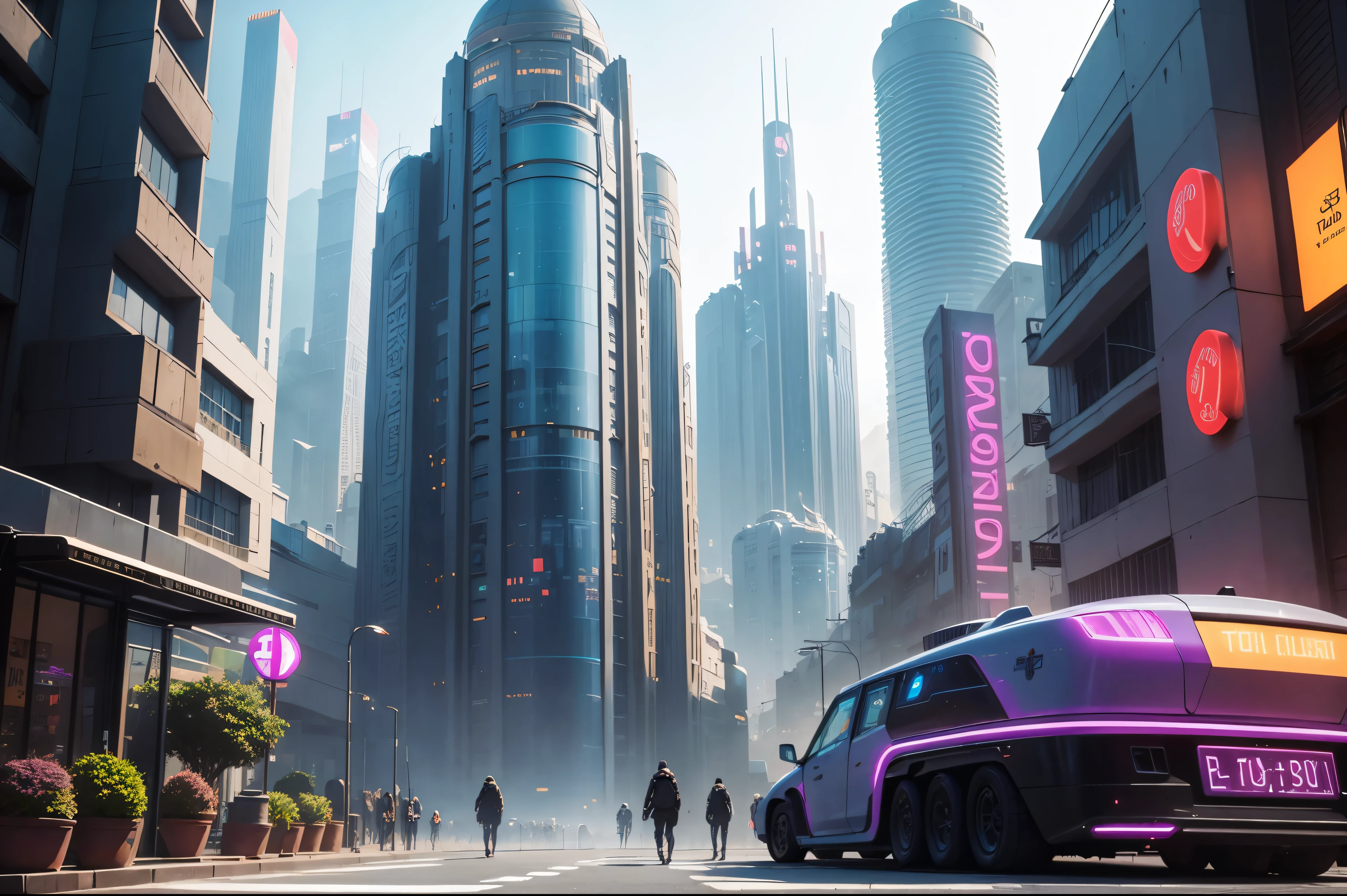 tep into a futuristic version of old Tbilisi, where ancient architecture is intertwined with advanced cybertechnologies. Explore the bustling streets filled with neon lights and holographic displays, as the city comes alive with a blend of old and new. show the environment