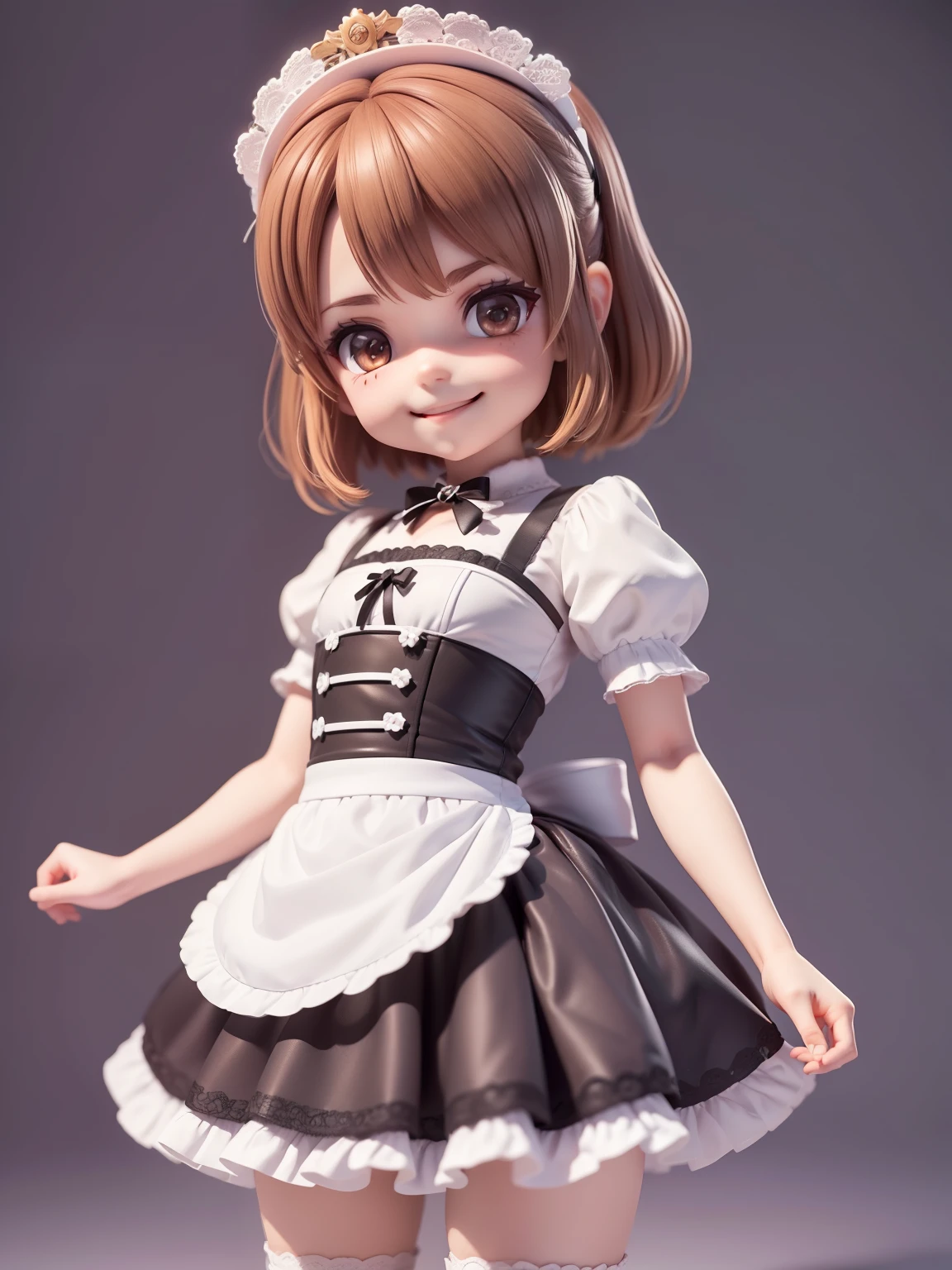 tmasterpiece,Maid style,comic strip,adolable,tiny girl,(((full body Esbian))), Smiling smile, short brown hair,Katyusha on the head, Wearing black and white maid clothes,The clothes have white lace decorations.,curious expression,Game Character,3d rendered,Rich details,hightquality,8K
