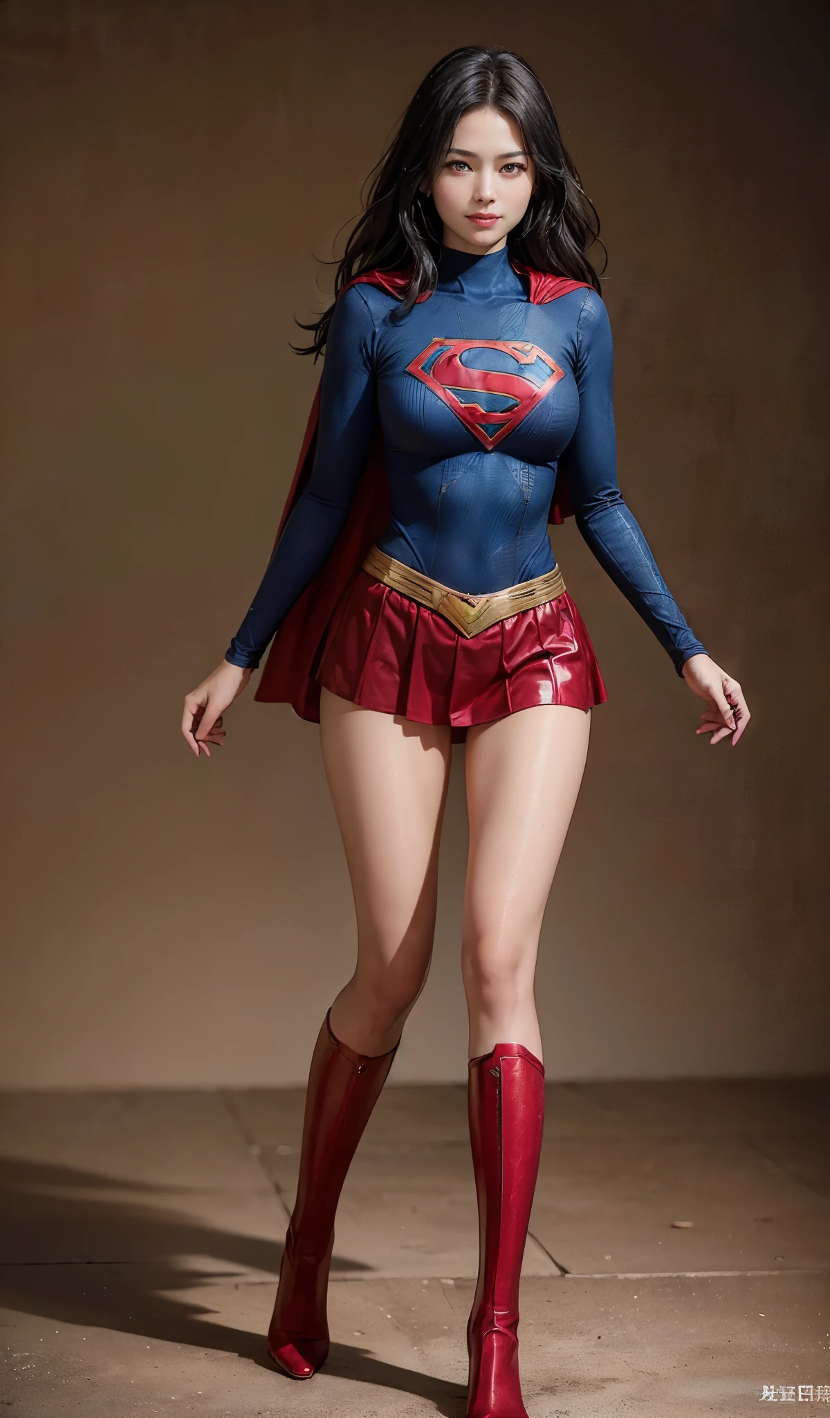 No background、Fitted Supergirl costume、Body Fit Costumes、and draw the full body、(((Wear black tights on your beautiful legs.)))、(((Grow legs、tall、Legally express the beauty of your smile)))、((((Make the most of the original image)))、(((Supergirl Costume)))、(((beautiful hairl)))、(((Suffering)))、(((Feet must necessarily be worn with black tights)))、(((You need to wear red boots)))、((Top image quality、8K))、((top-quality、8K、​masterpiece:1.3))、(((Keep Background )))、Crisp focus:1.2、Beautiful woman with perfect body shape:1.4、Slender Abs:1.2、a wet body:1.5、Highly detailed facial and skin texture、8K